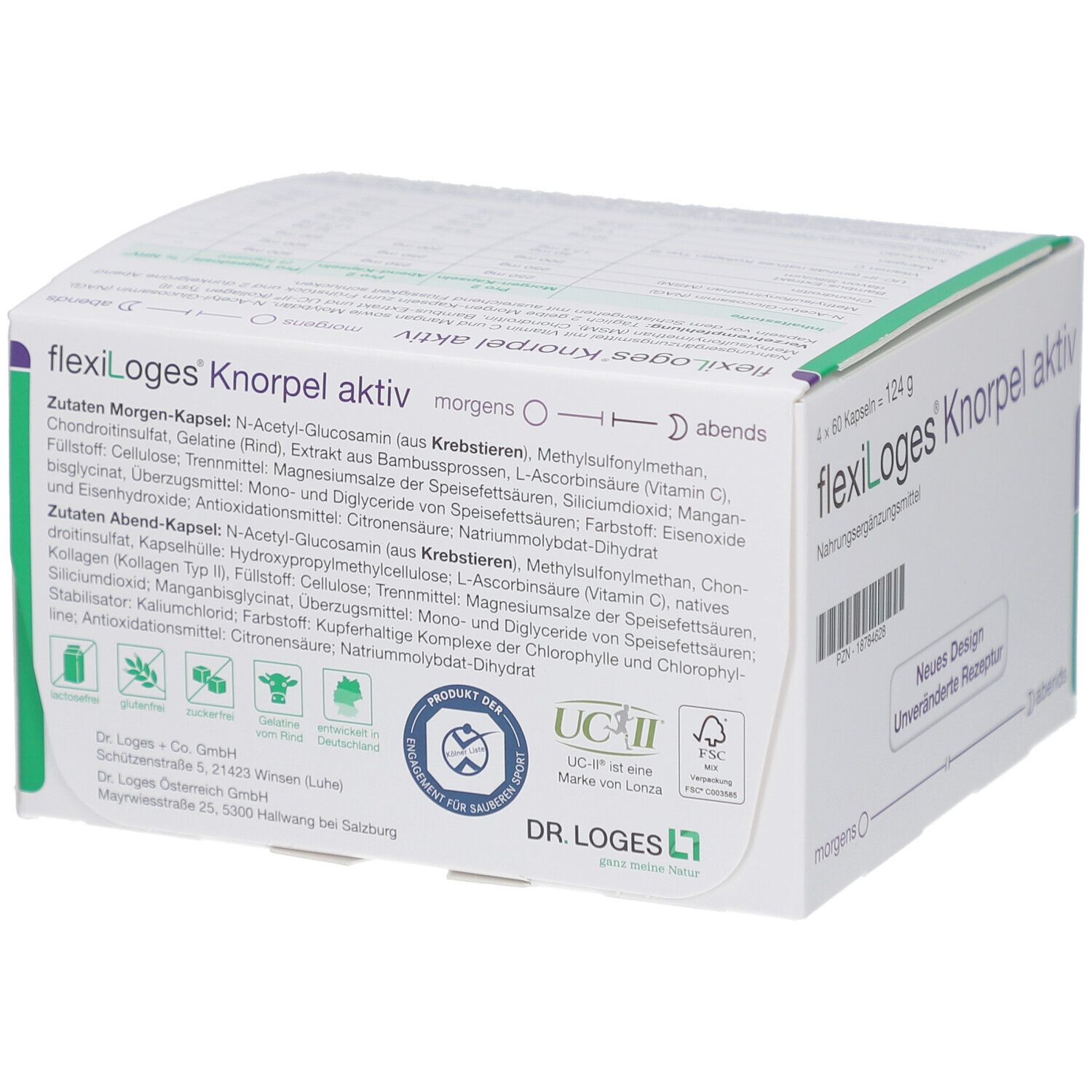 Dos de la boîte flexiLoges Knorpel aktiv. Contient listes d'ingrédients et certifications. Boîte blanche avec éléments verts et bleus.