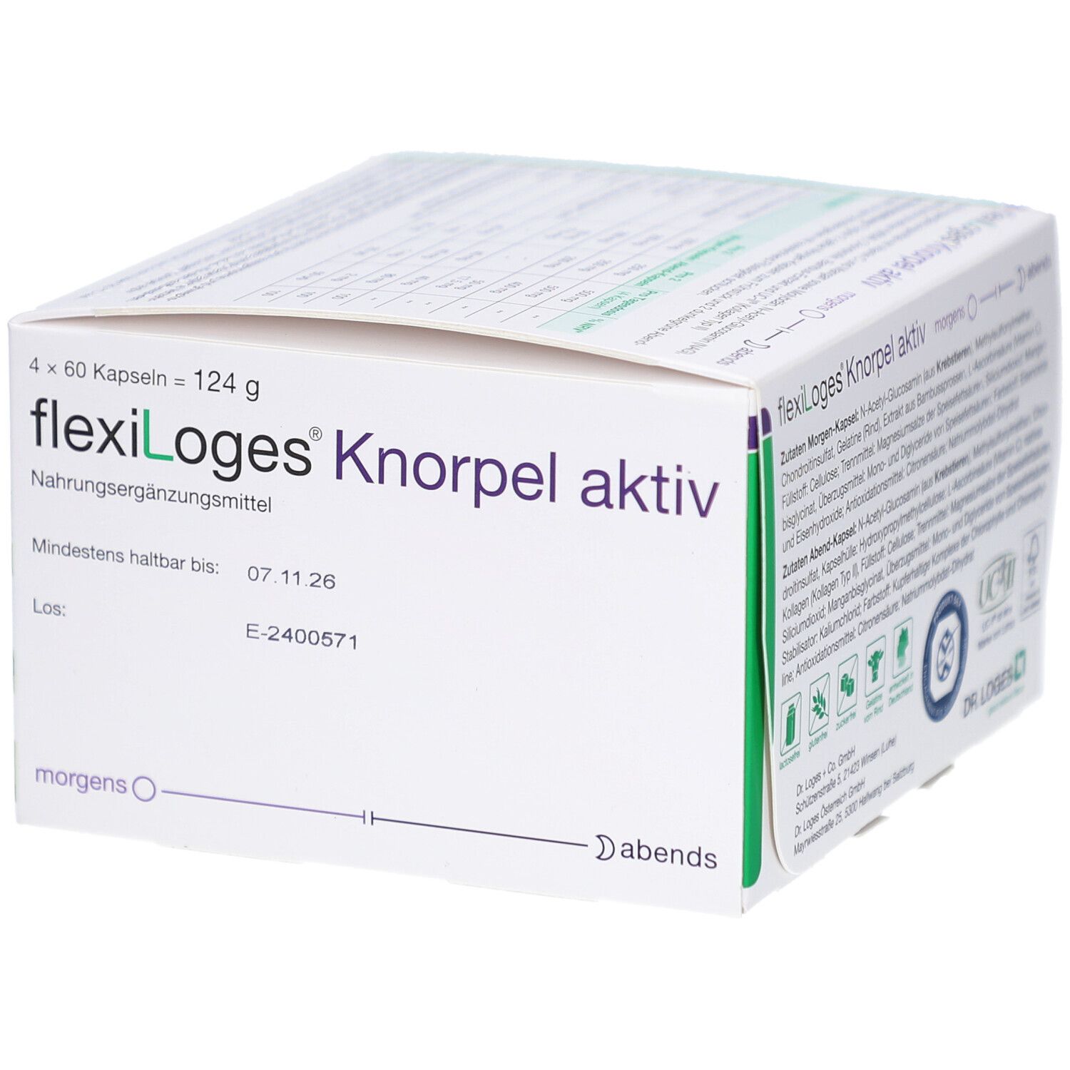 Boîte flexiLoges Knorpel aktiv. Boîte blanche avec accents verts. Date de péremption : 07.11.26. Contient 4x60 gélules.