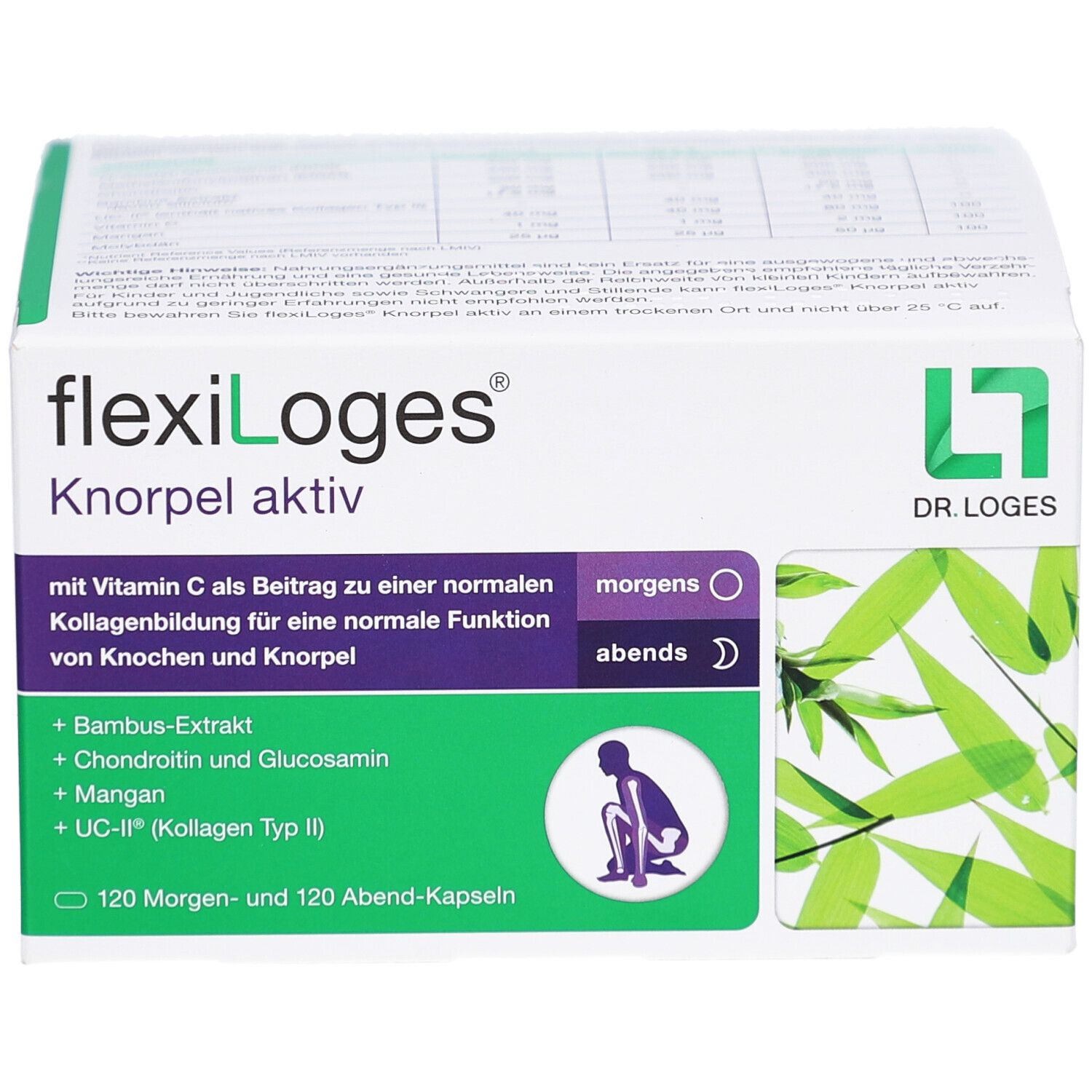 Boîte flexiLoges Knorpel aktiv. Emballage vert et blanc avec informations produit et logo. Contient 120 gélules matin et 120 soir.