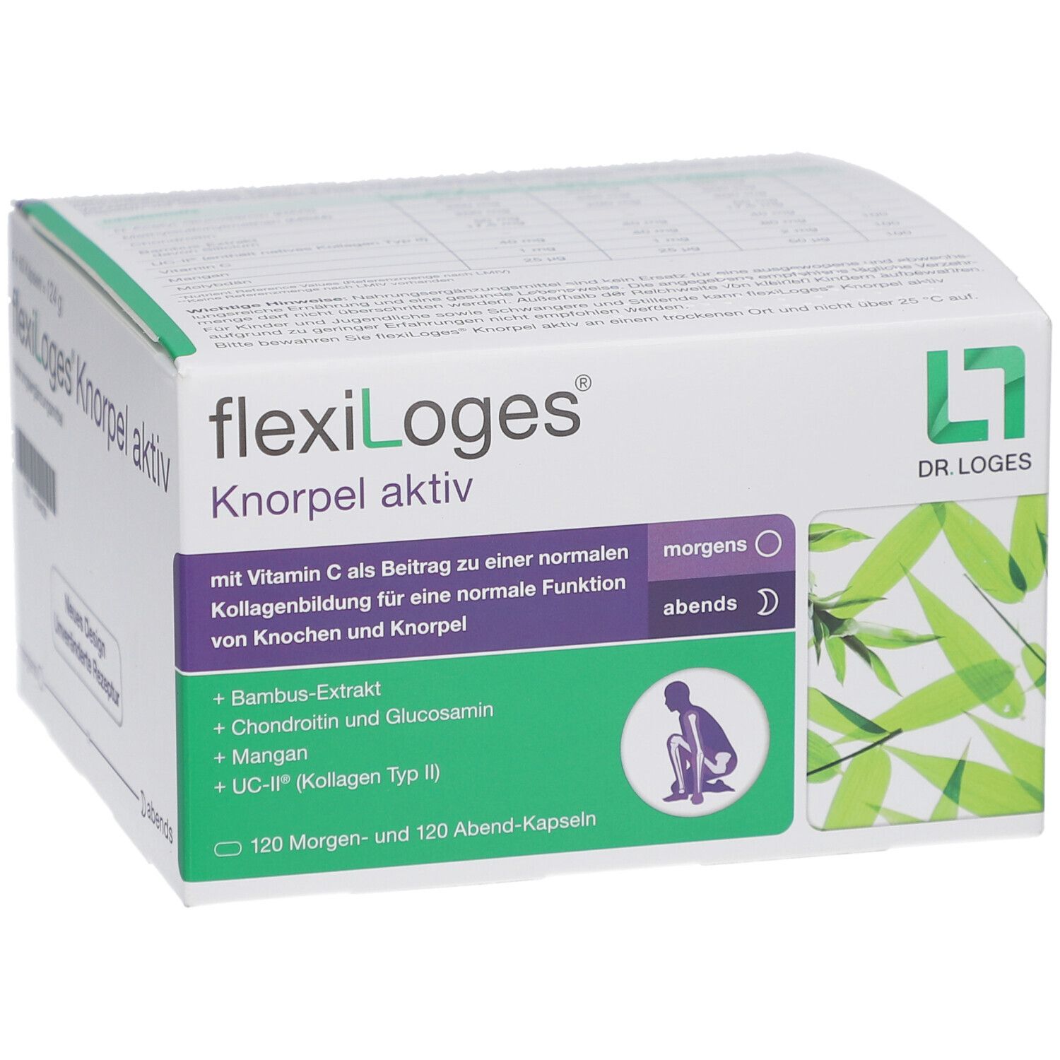 Boîte flexiLoges Knorpel aktiv. Emballage vert et blanc avec informations produit et logo. Contient 120 gélules matin et 120 soir.