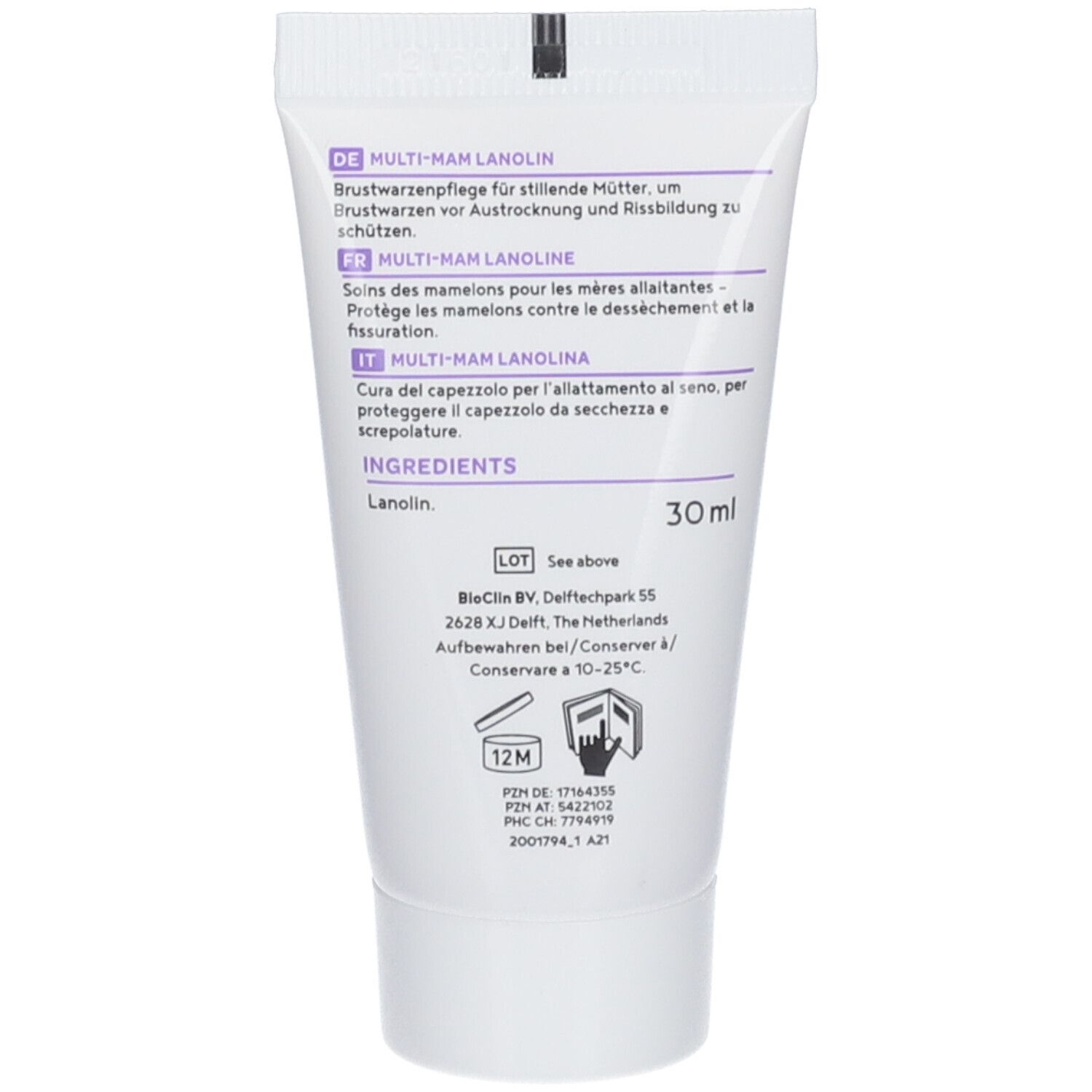 Rückseite der Tube Multi-Mam Lanolin. Text in Deutsch, Französisch und Italienisch. Inhaltsstoffe, 30 ml.