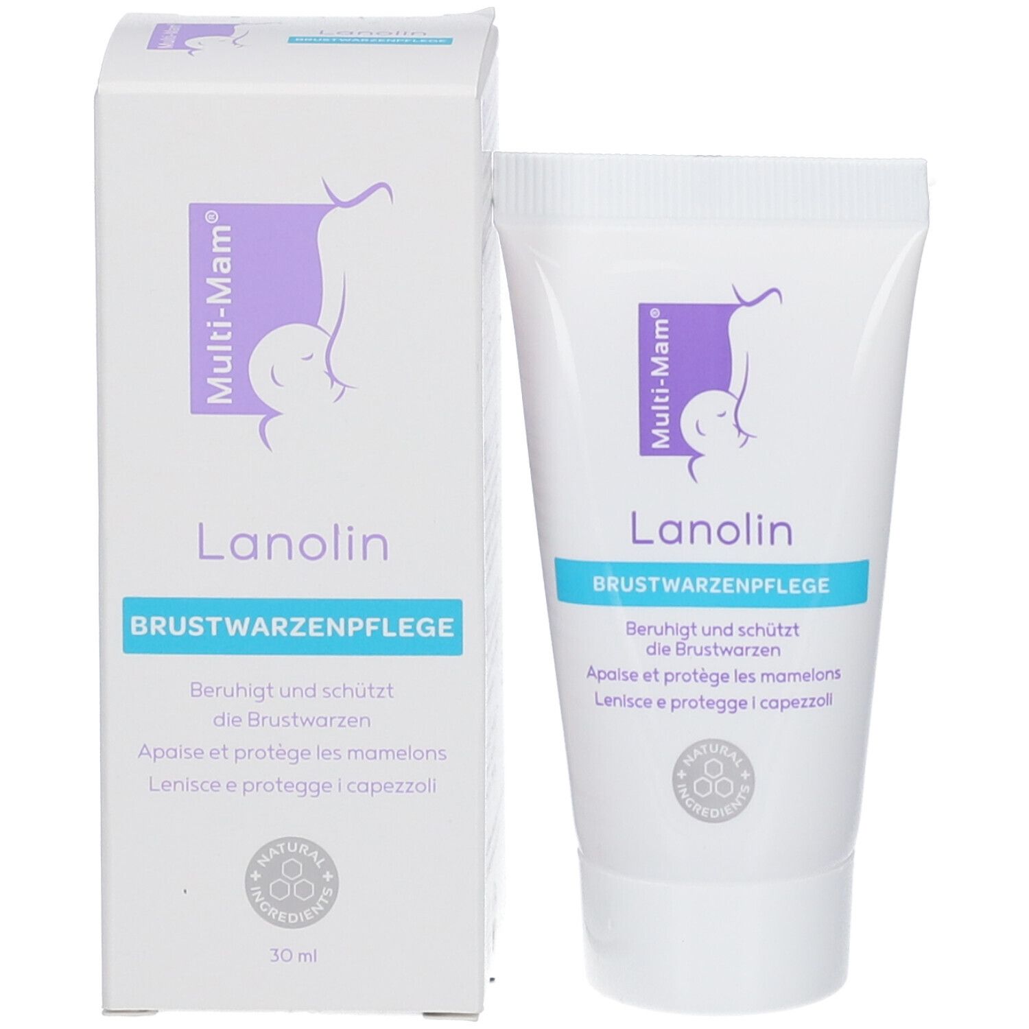 Tube und Schachtel Multi-Mam Lanolin. Brustwarzenpflege. Beruhigt und schützt. Natürliche Inhaltsstoffe. 30 ml.