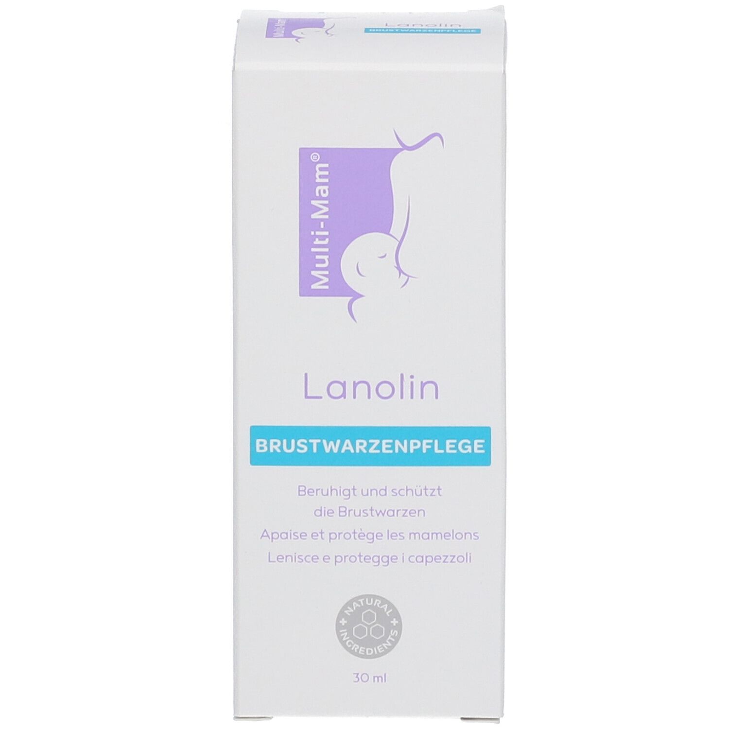 Schachtel Multi-Mam Lanolin. Brustwarzenpflege. Beruhigt und schützt. Natürliche Inhaltsstoffe. 30 ml.