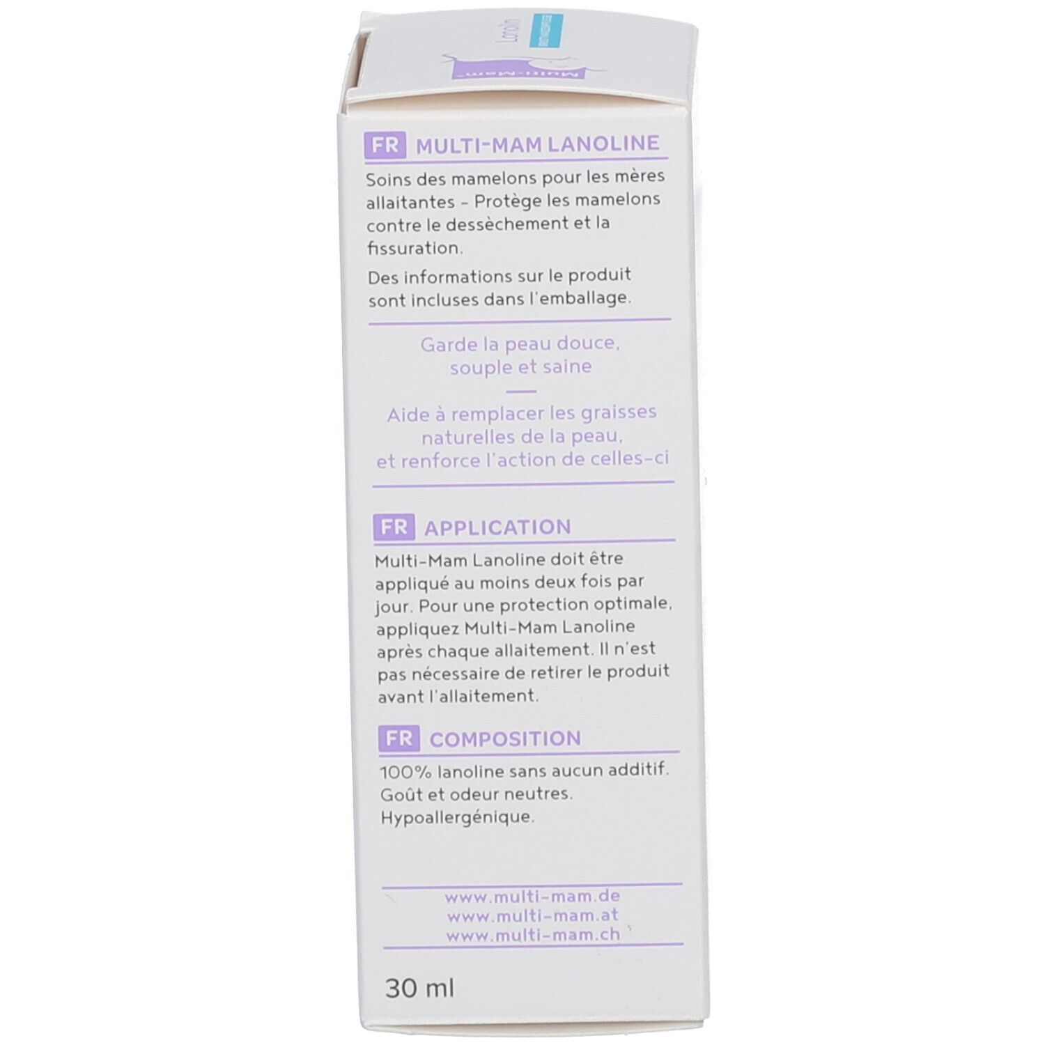 Rückseite der Schachtel Multi-Mam Lanolin. Text in Deutsch, Französisch und Italienisch. Inhaltsstoffe, 30 ml.