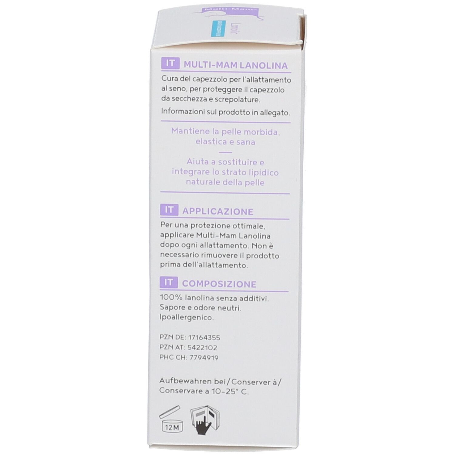 Rückseite der Schachtel Multi-Mam Lanolin. Text in Deutsch, Französisch und Italienisch. Inhaltsstoffe, 30 ml.