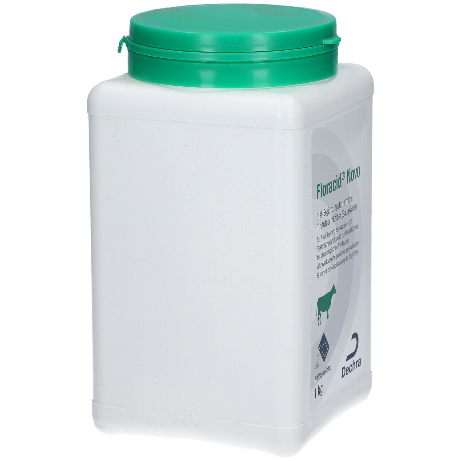 Récipient blanc carré avec couvercle vert. Inscription : Floracid® Novo. Logo et texte en allemand. 1 kg.