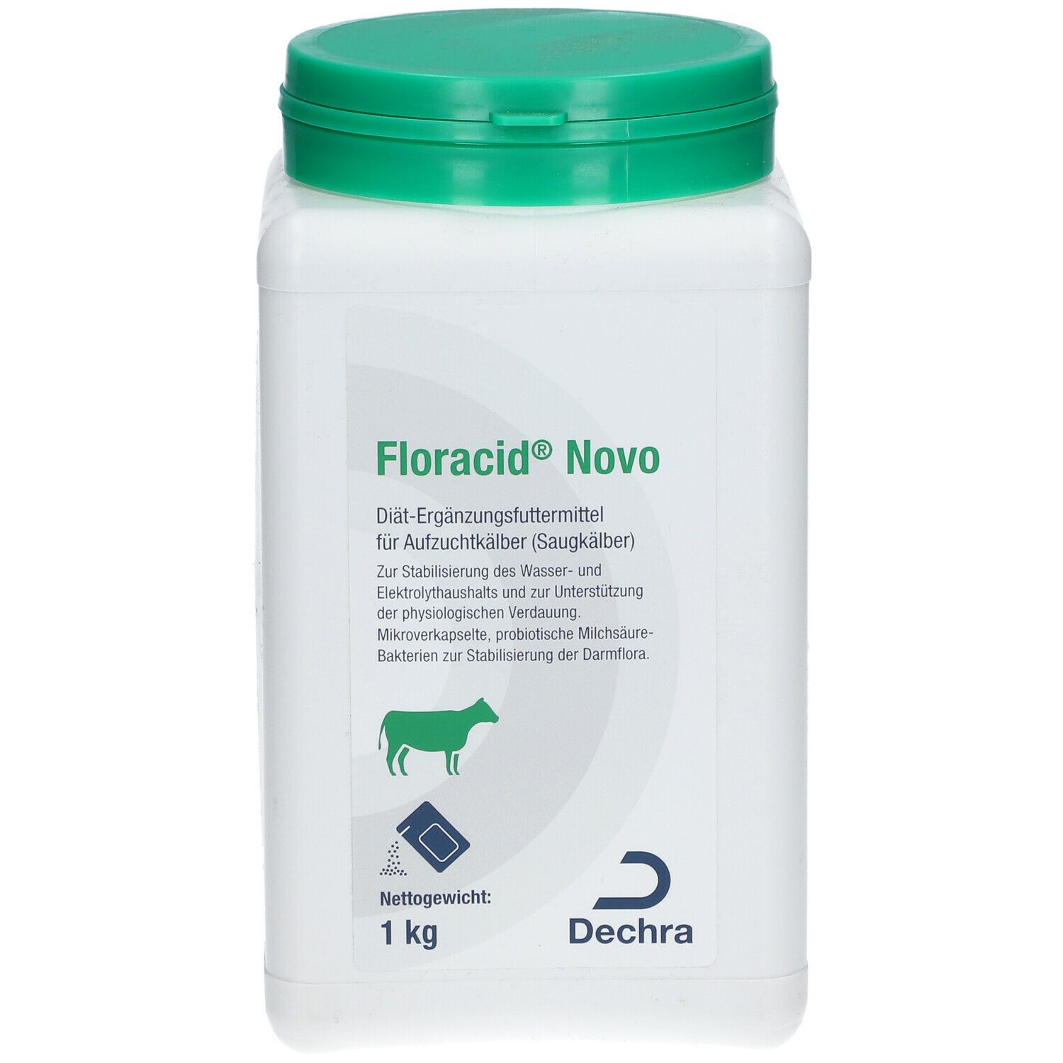 Récipient blanc carré avec couvercle vert. Inscription : Floracid® Novo. Logo et texte en allemand. 1 kg.