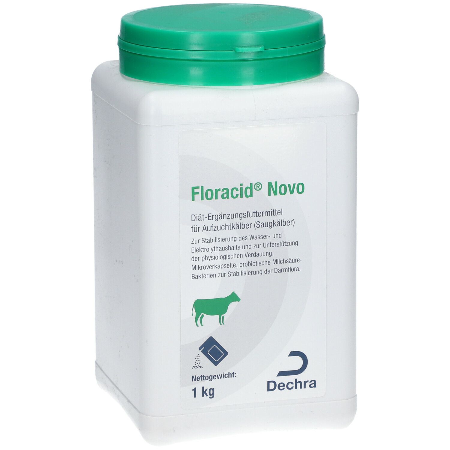 Récipient blanc carré avec couvercle vert. Inscription : Floracid® Novo. Logo et texte en allemand. 1 kg.