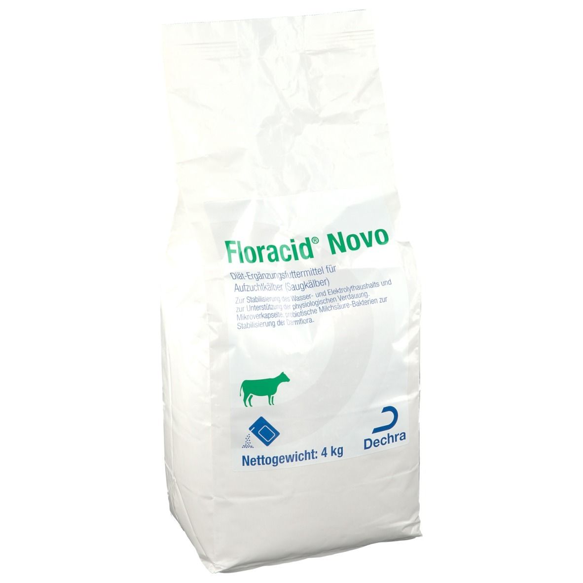 Weißer Beutel mit Floracid® Novo-Aufdruck. Enthält 4 kg. Dechra-Logo unten rechts.
