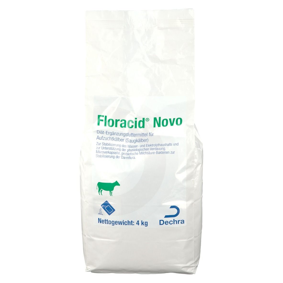 Weißer Beutel mit Floracid® Novo-Aufdruck. Enthält 4 kg. Dechra-Logo unten rechts.