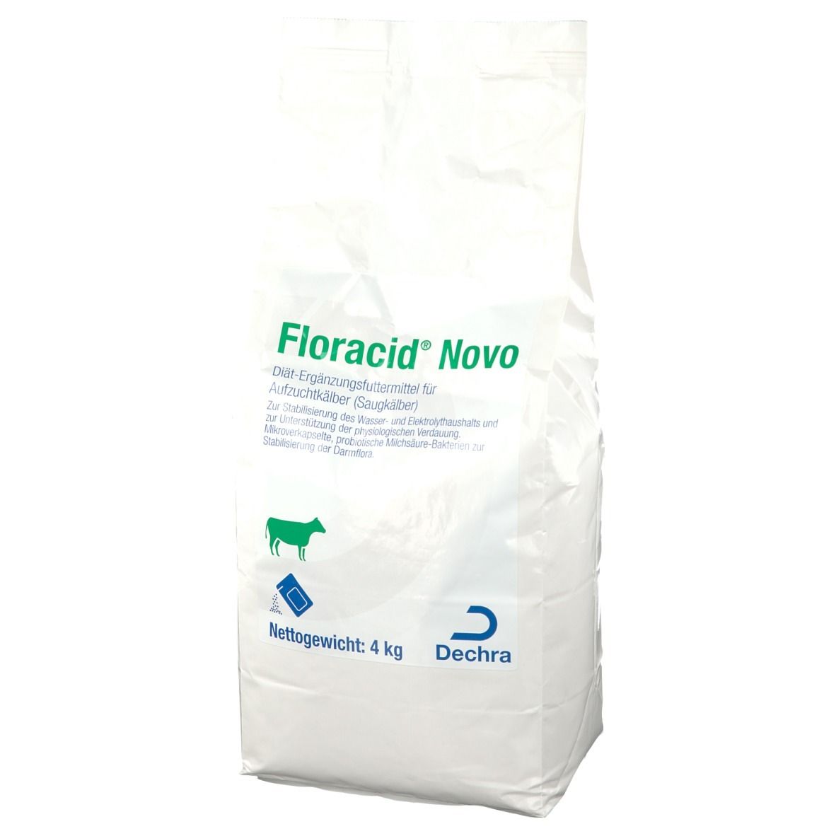 Weißer Beutel mit Floracid® Novo-Aufdruck. Enthält 4 kg. Dechra-Logo unten rechts.