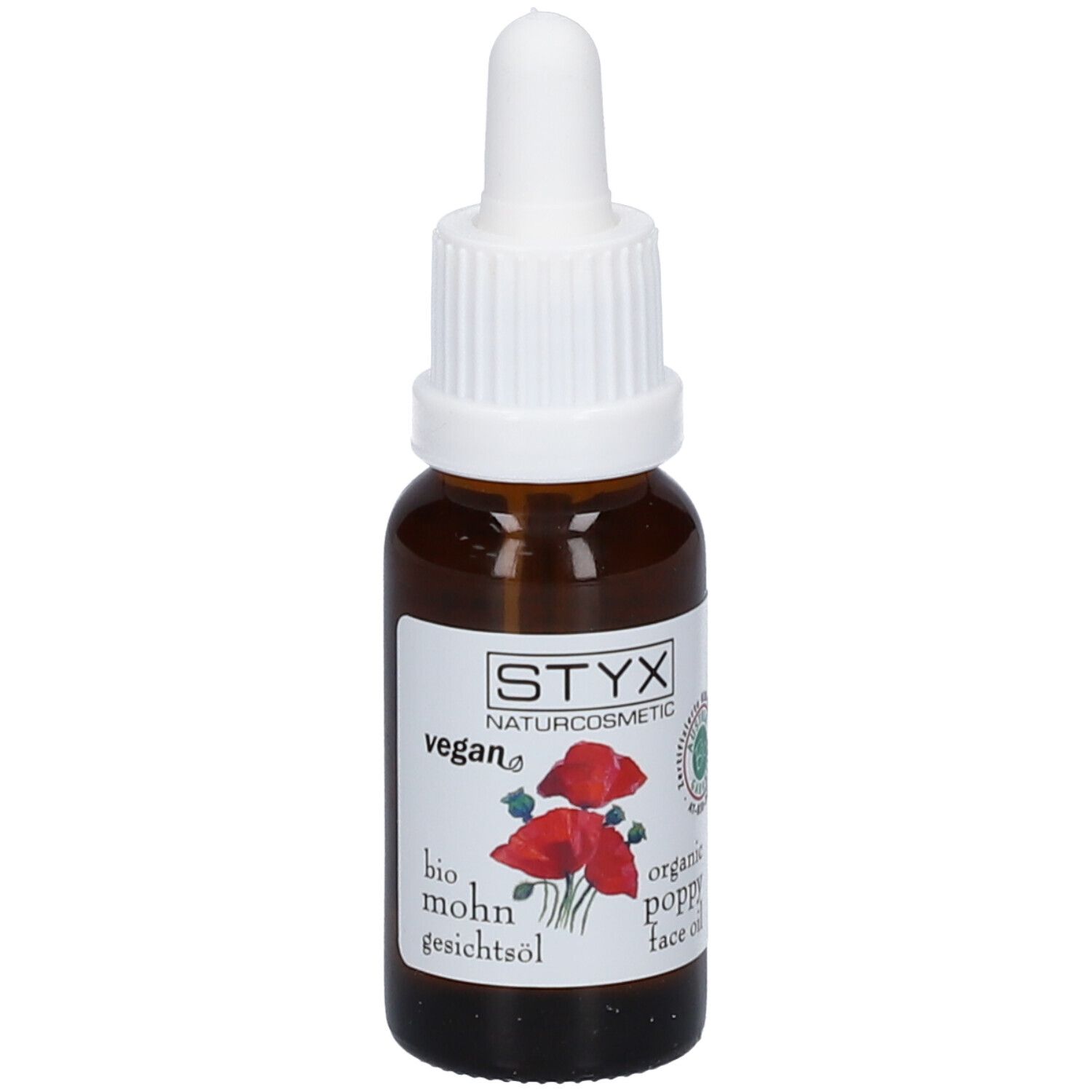 Braune Glasflasche mit weißem Deckel und Pipette. Etikett mit Logo, Mohnblumen und Text. Vegan-Kennzeichnung.