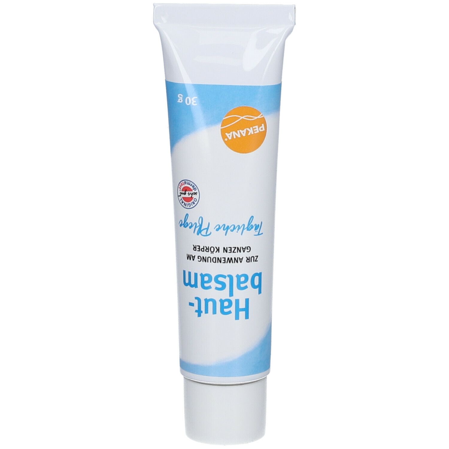 Creme-Tube mit PEKANA-Logo. Blaue und weiße Farbgebung. Text: Haut-balsam, tägliche Pflege.