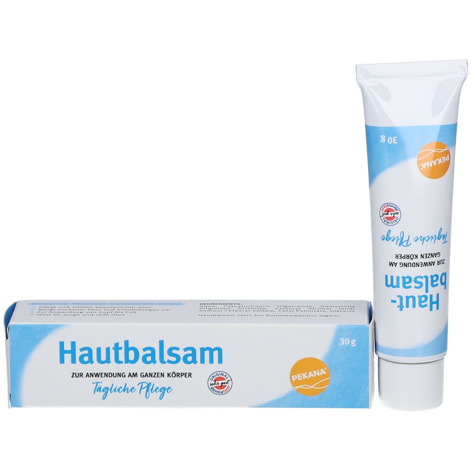 Produktverpackung und Tube. Verpackung: Hautbalsam, tägliche Pflege. Tube: PEKANA-Logo, Hautbalsam.