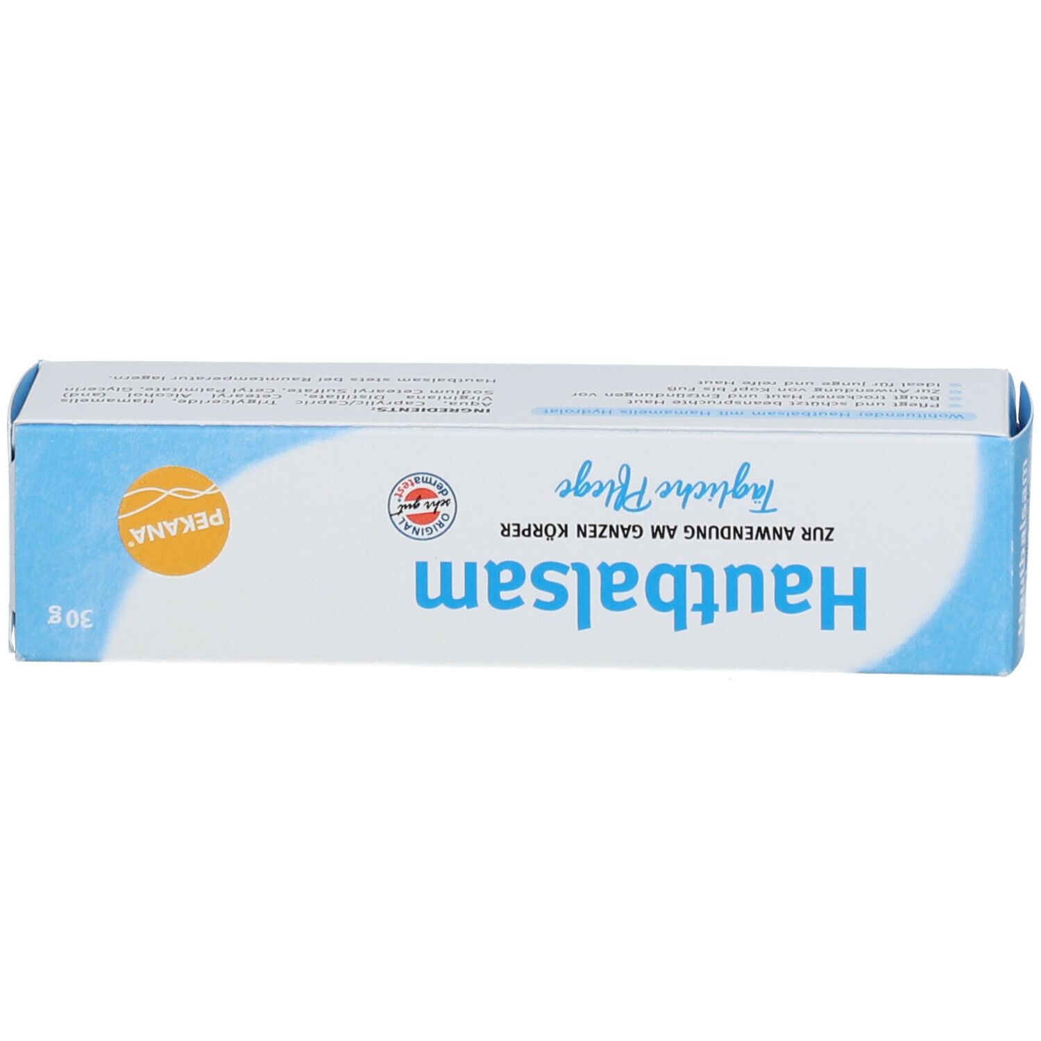 Produktverpackung. Text: Hautbalsam, tägliche Pflege, PEKANA-Logo. 30g.