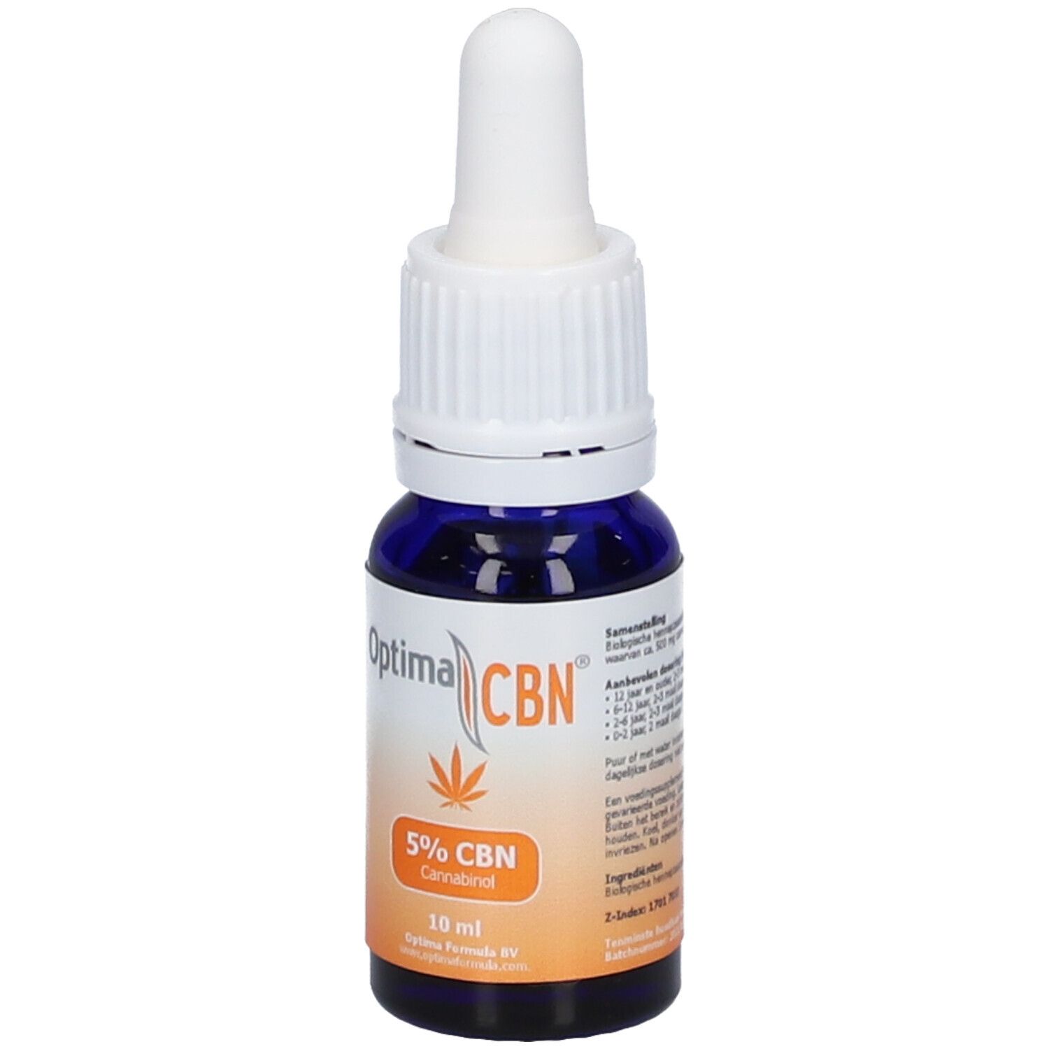 Blaues Glasfläschchen mit weißem Deckel und Pipette. Aufschrift Optima CBN, 5% CBN Cannabinol, 10 ml. Text auf Etikett.