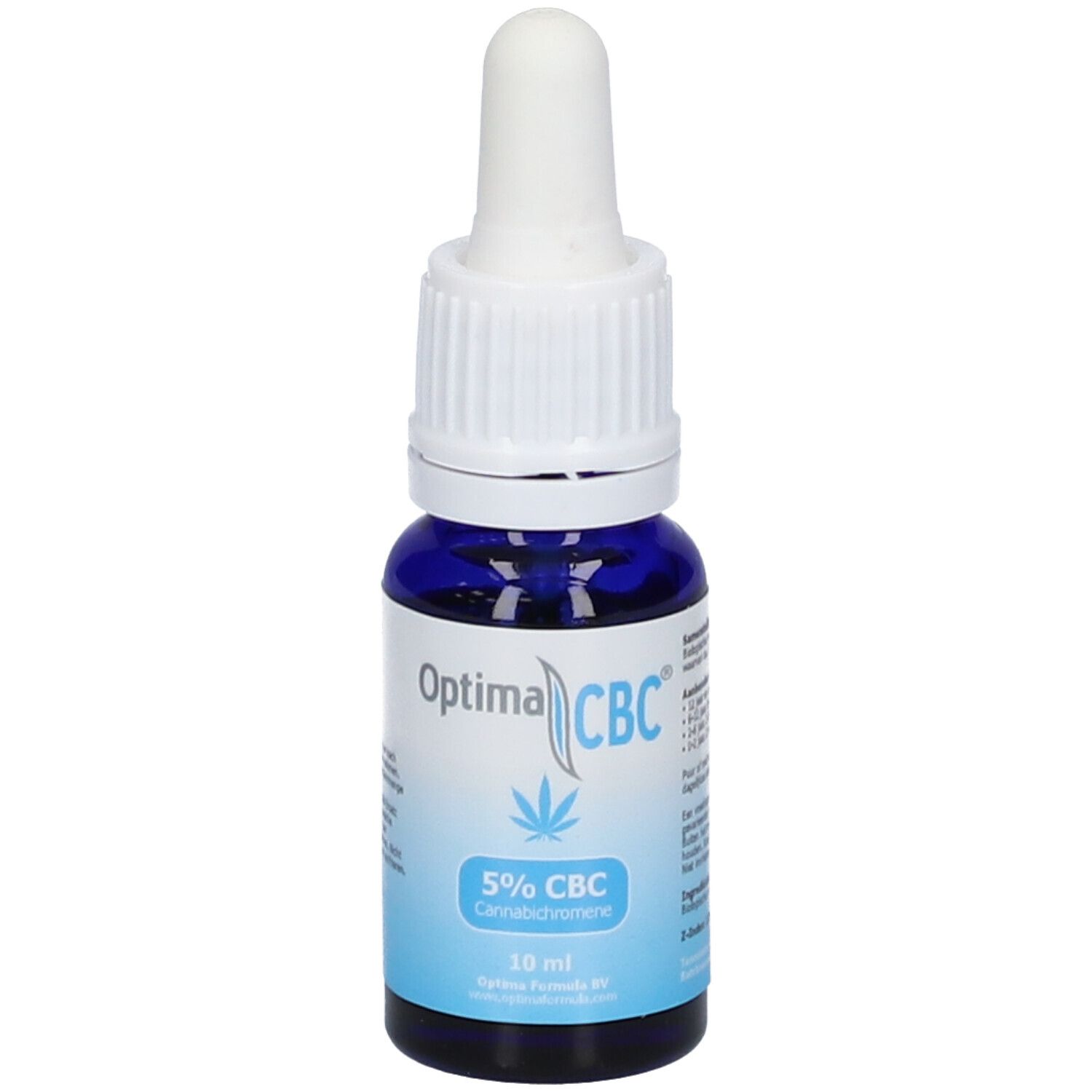Blaue Glasflasche mit weißem Tropfer. Aufschrift Optima CBC, 5% CBC, Cannabichromene, 10 ml.