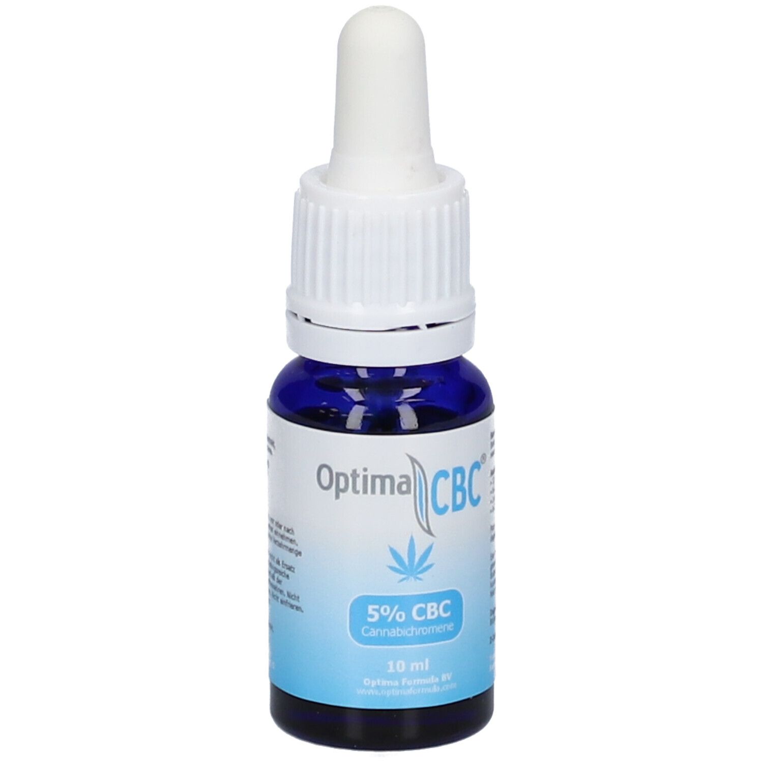 Blaue Glasflasche mit weißem Tropfer. Aufschrift Optima CBC, 5% CBC, Cannabichromene, 10 ml.
