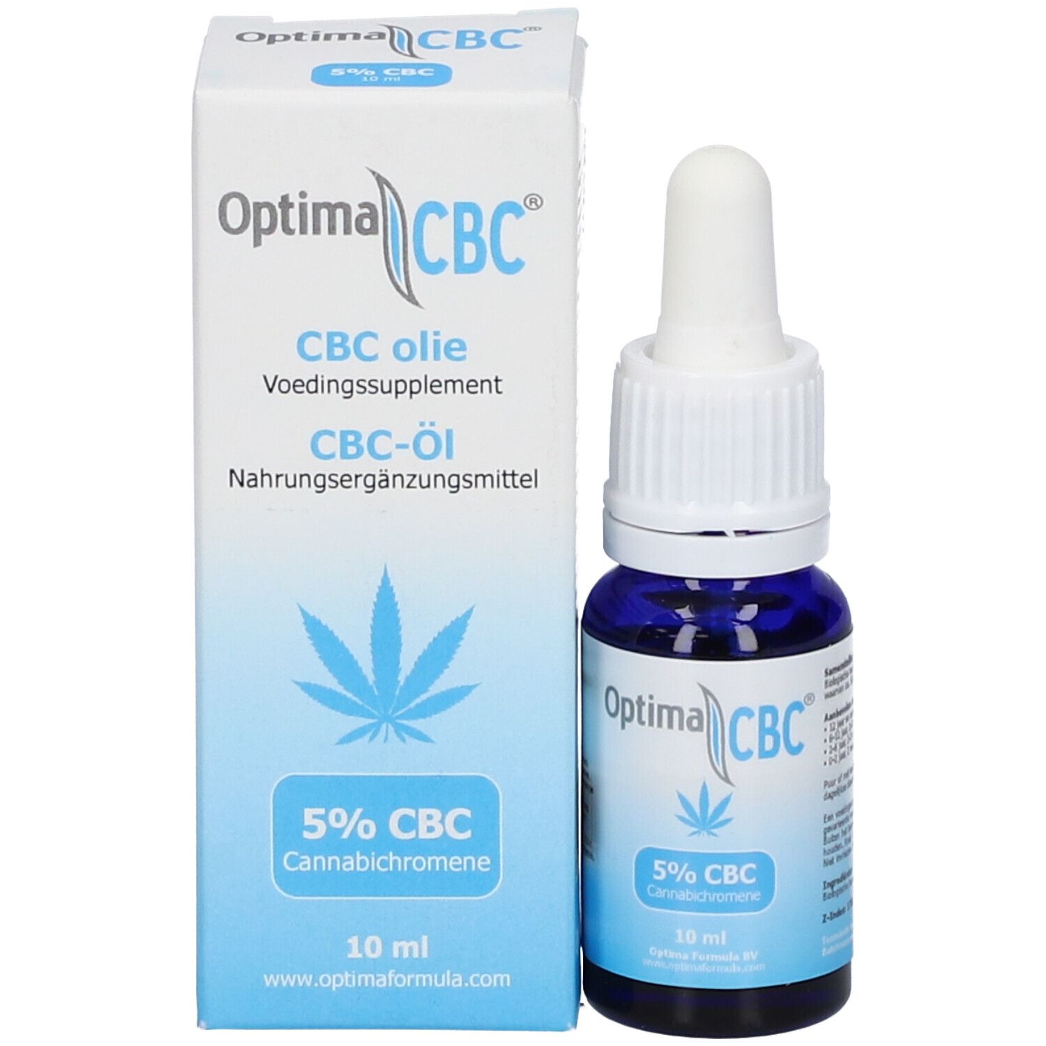 Optima CBC Flasche und Verpackung. Aufschrift Optima CBC, 5% CBC, Cannabichromene, 10 ml.