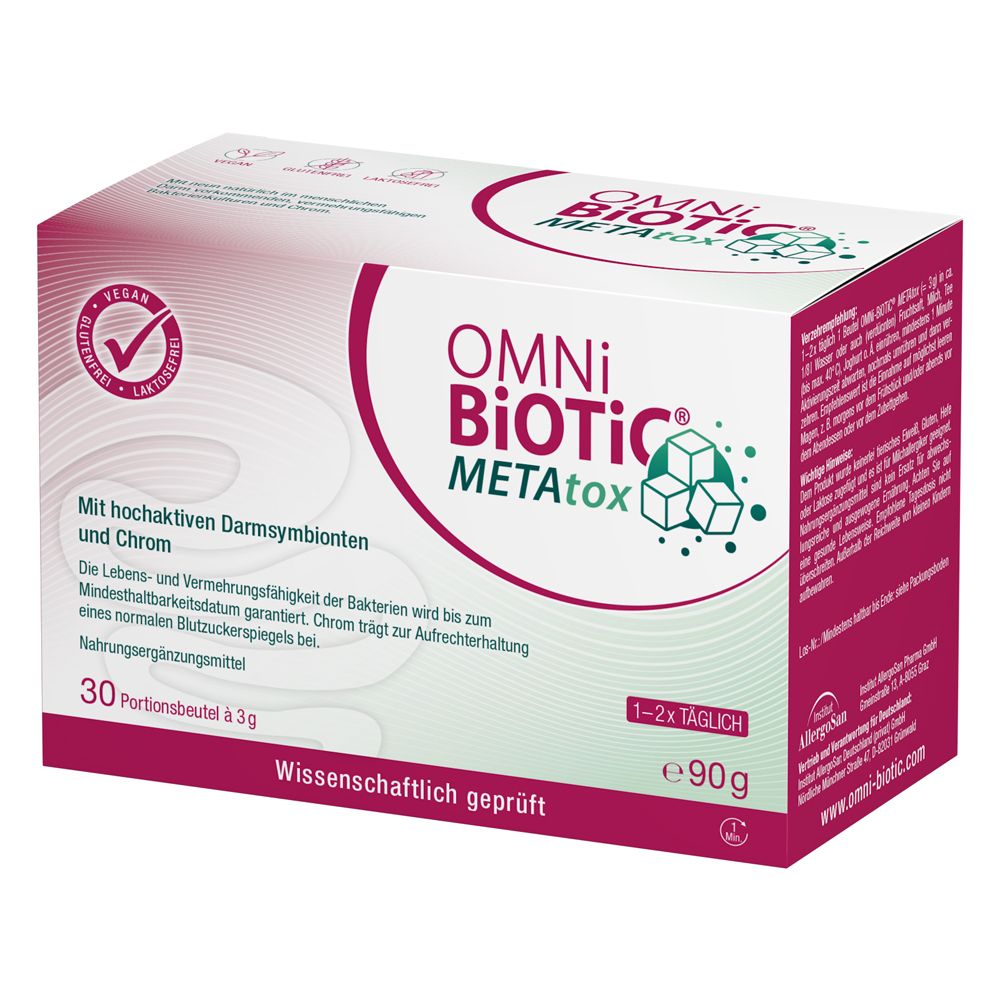 Boîte OMNi BiOTiC® METAtox, face avant avec nom du produit, informations sur le contenu et sceaux (Vegan, Sans lactose).