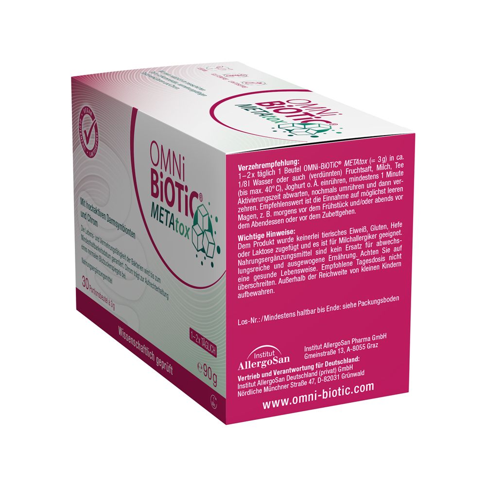 Boîte OMNi BiOTiC® METAtox, vue latérale avec recommandation de consommation et informations importantes.