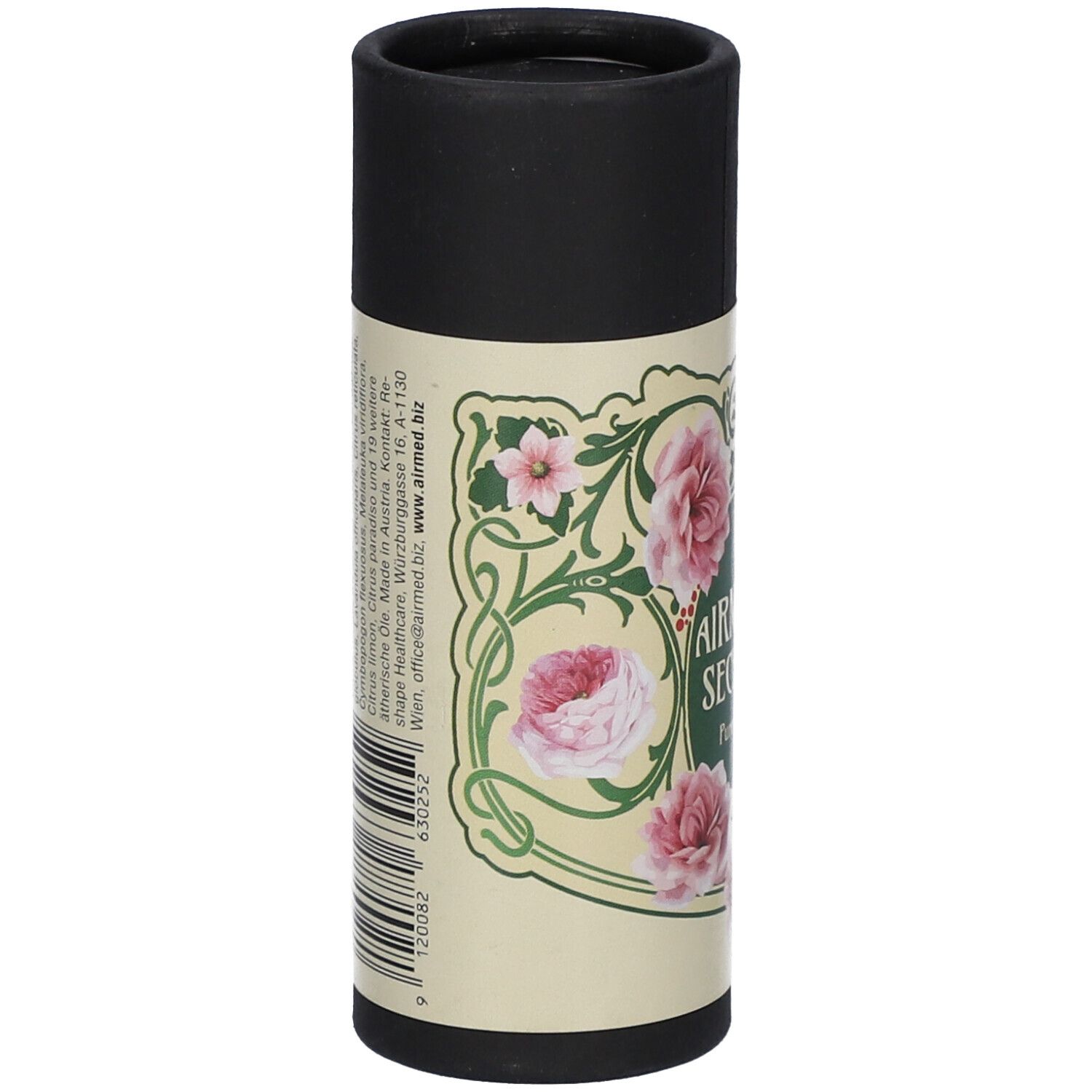 Emballage cylindrique avec motif floral. Code-barres et texte au dos. Couvercle noir.