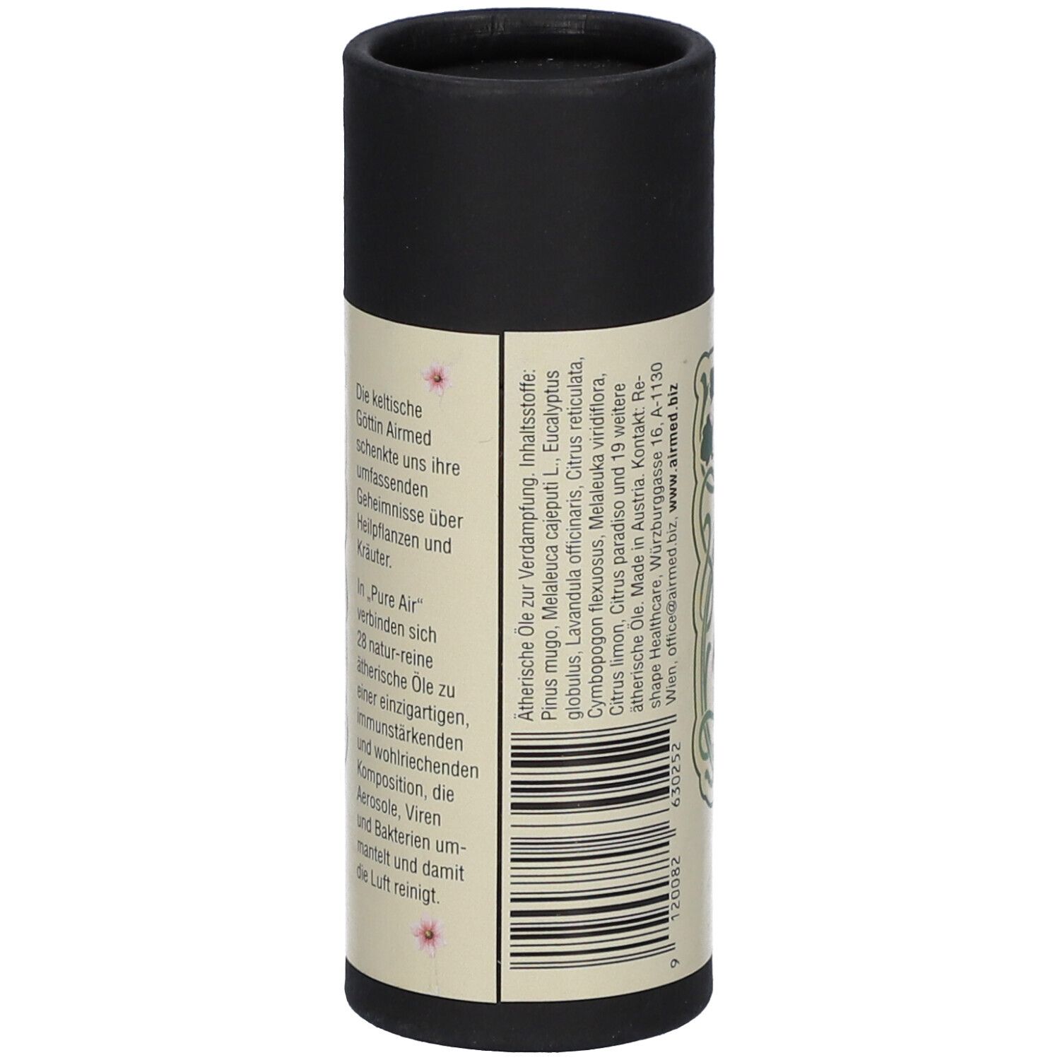 Emballage cylindrique avec texte sur les huiles essentielles. Couvercle noir. Code-barres.