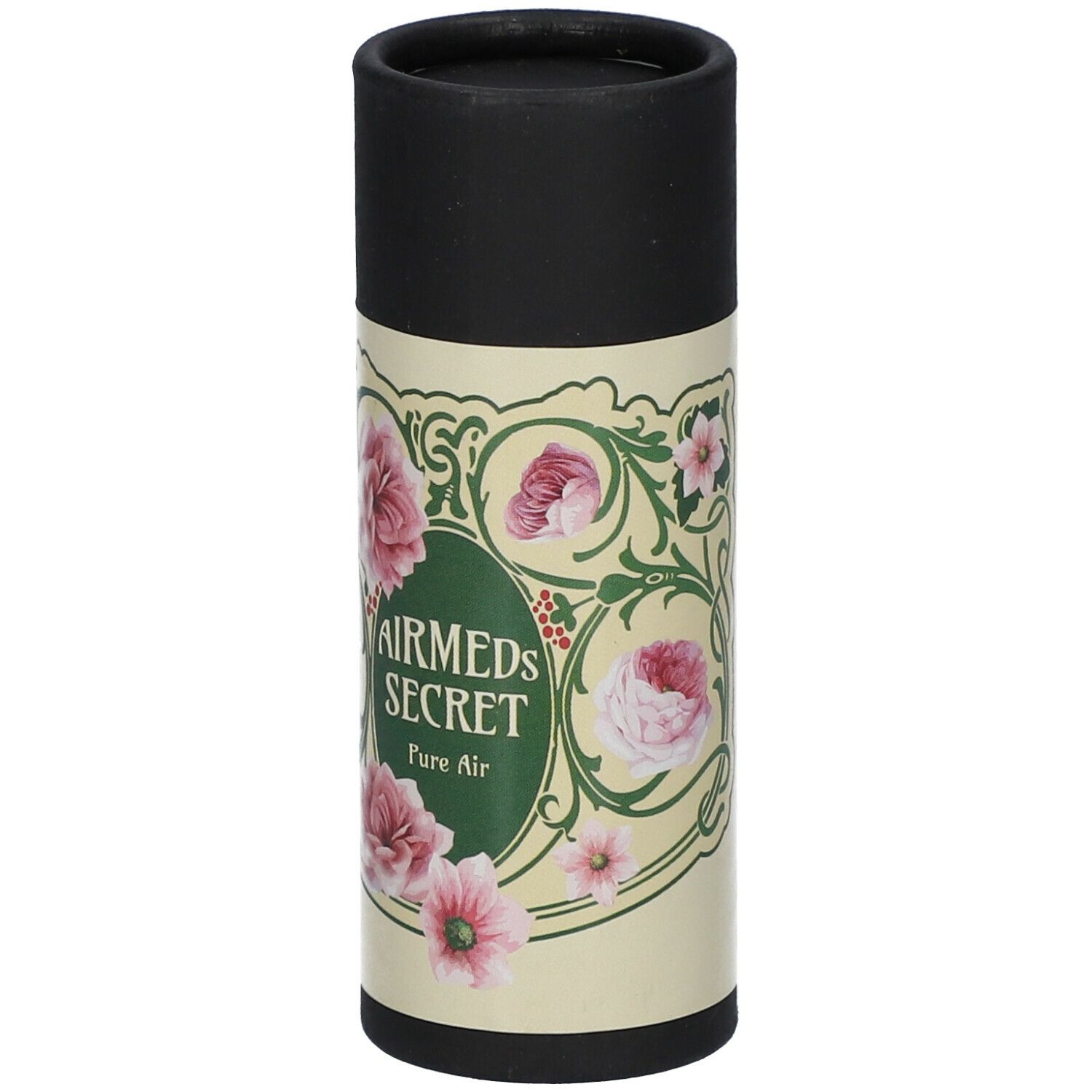 Emballage cylindrique avec motif floral et texte "AIRMEDS SECRET Pure Air". Couvercle noir.
