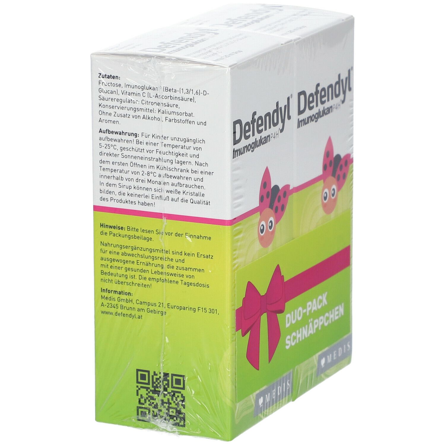 Defendyl Imunoglukan P4H Duo-Pack. Verpackung mit Inhaltsangaben und QR-Code. Transparente Folie.