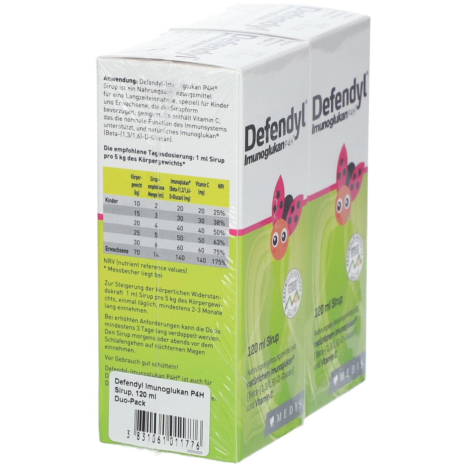 Defendyl Imunoglukan P4H Duo-Pack. Verpackung mit Dosierungstabelle und Produktinformationen.