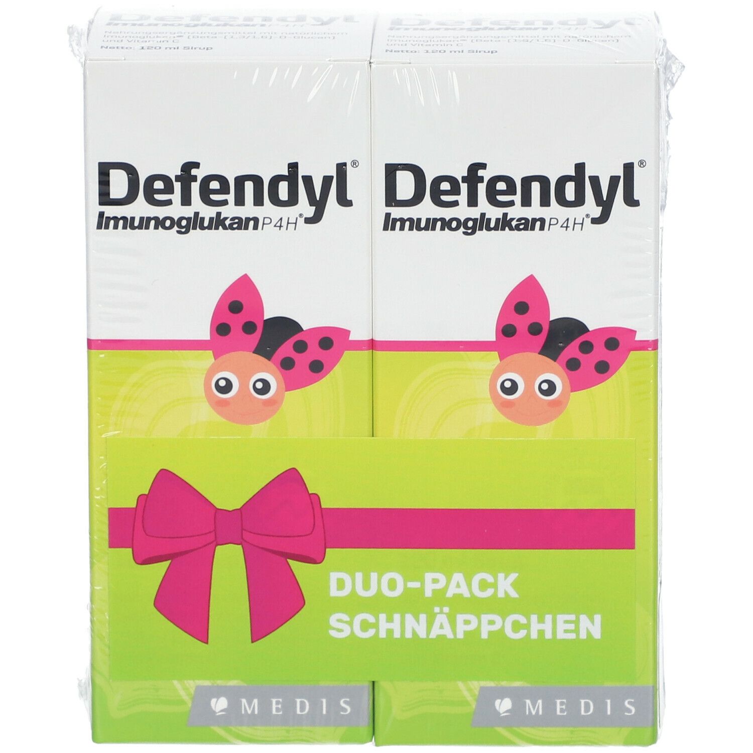 Duo-Pack Defendyl Imunoglukan P4H. Zwei Kartons mit rosa Schleife und Marienkäfer-Illustrationen.