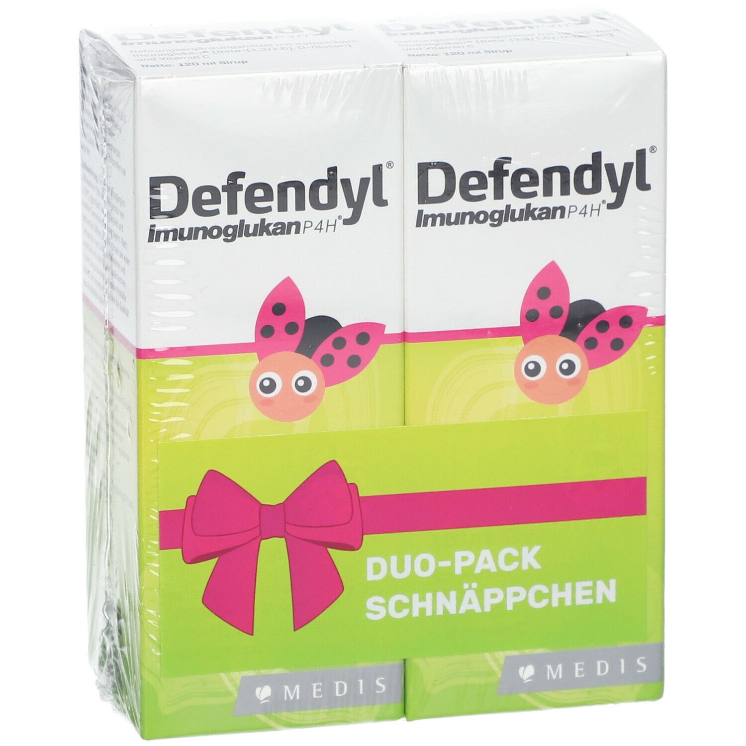 Duo-Pack Defendyl Imunoglukan P4H. Zwei Kartons mit rosa Schleife und Marienkäfer-Illustrationen.
