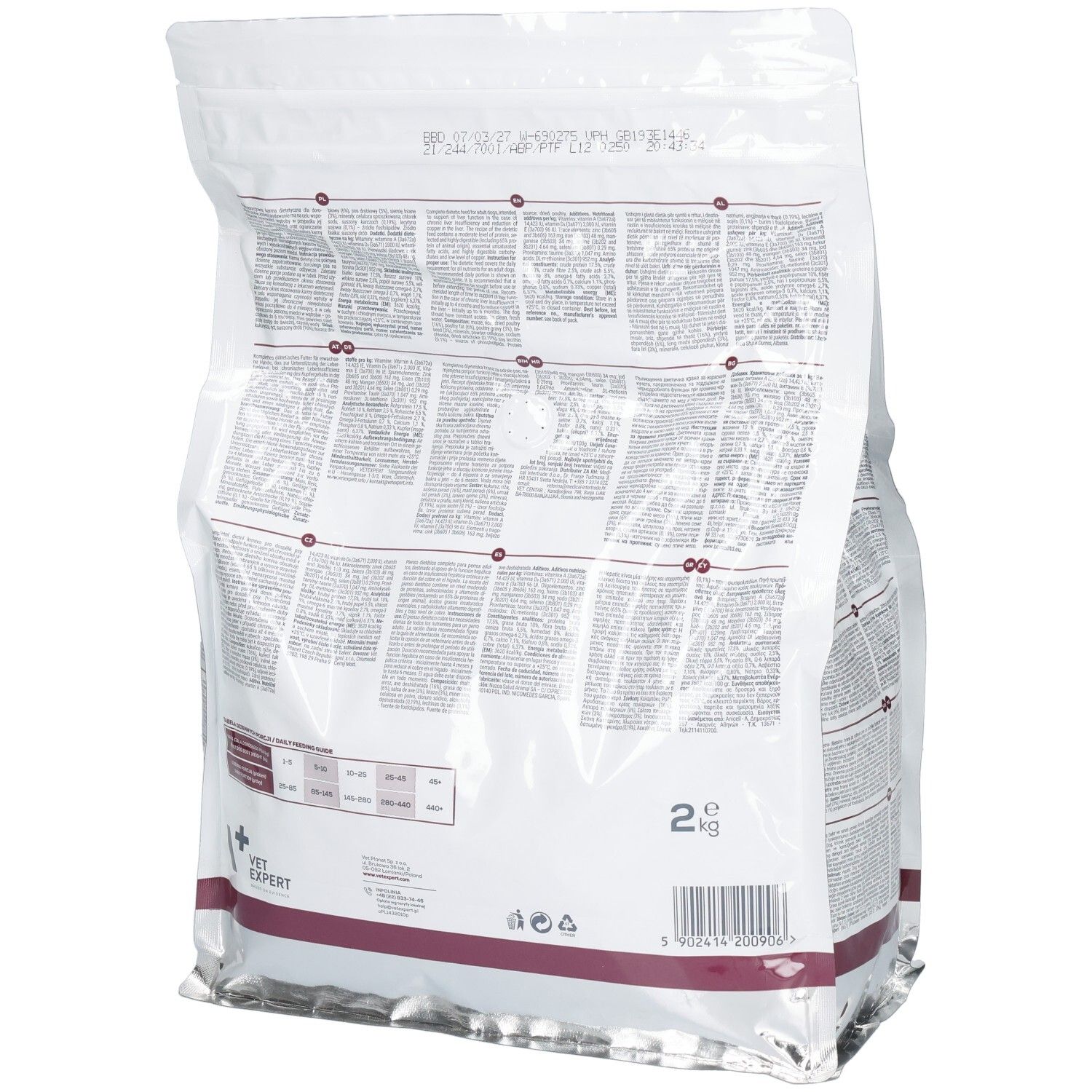 Vet Expert Hepatic Hundefutter, Rückseite mit Informationen, 2 kg.