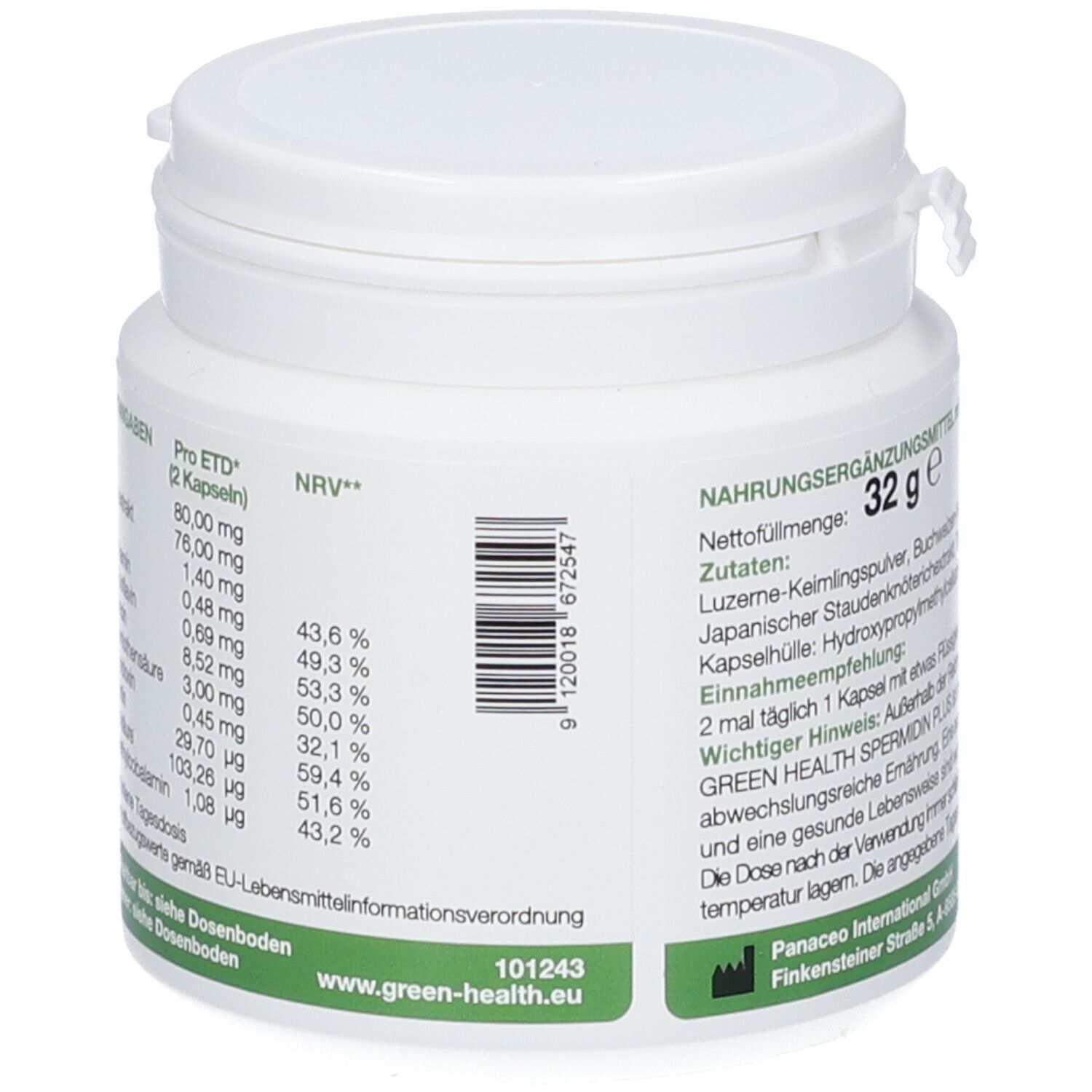 Weiße Dose mit grünem Etikett. Rückseite mit Nährwertangaben, Barcode und Kontaktinformationen. Text: GREEN HEALTH SPERMIDIN PLUS.