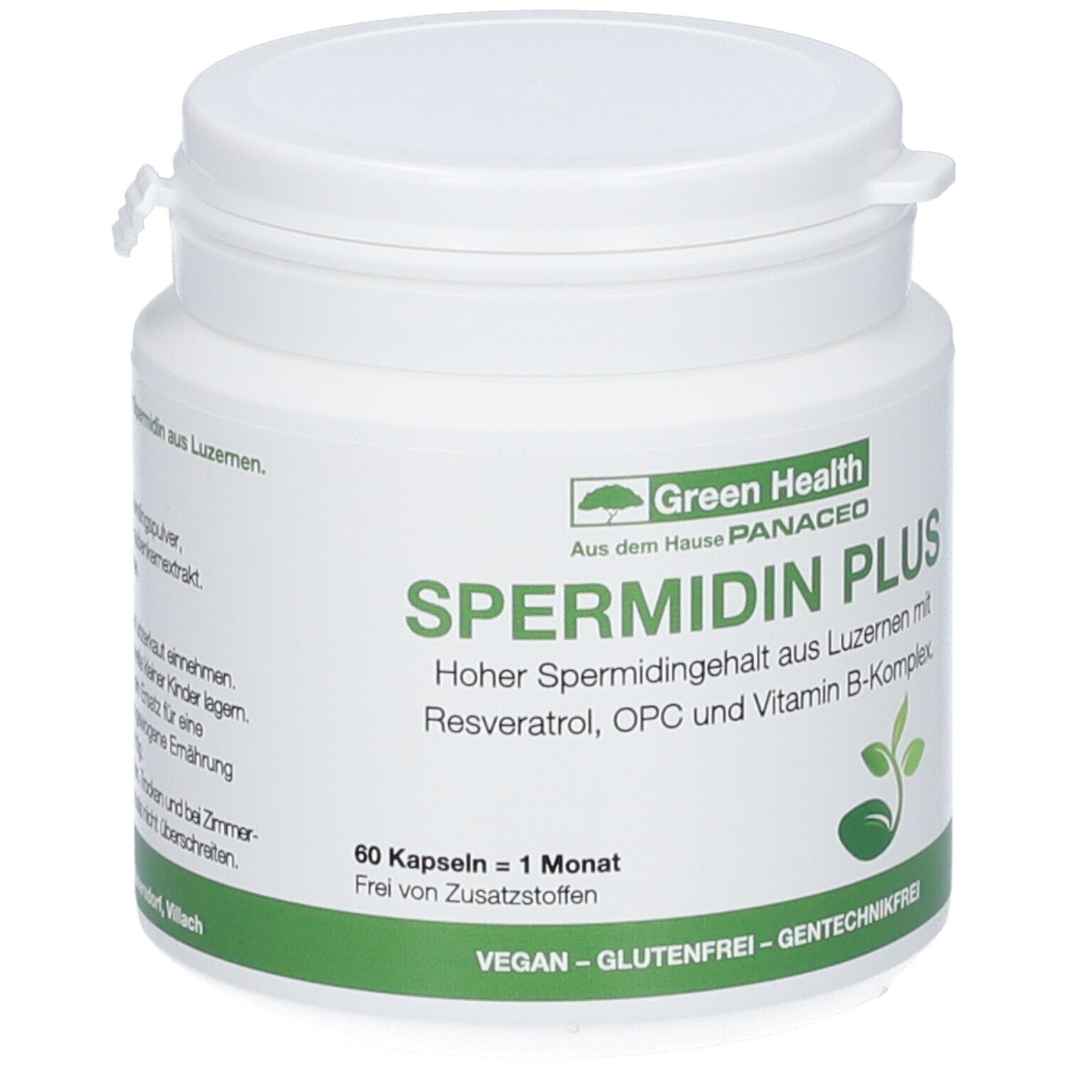 Weiße Dose mit grünem Etikett. Text: SPERMIDIN PLUS, 60 Kapseln, vegan, glutenfrei, gentechnikfrei. Logo: Green Health Panaceo.