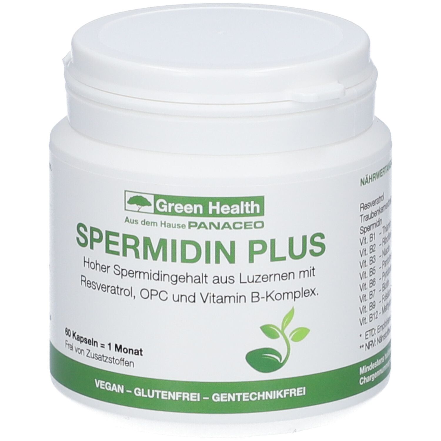 Weiße Dose mit grünem Etikett. Text: SPERMIDIN PLUS, 60 Kapseln, vegan, glutenfrei, gentechnikfrei. Logo: Green Health Panaceo.