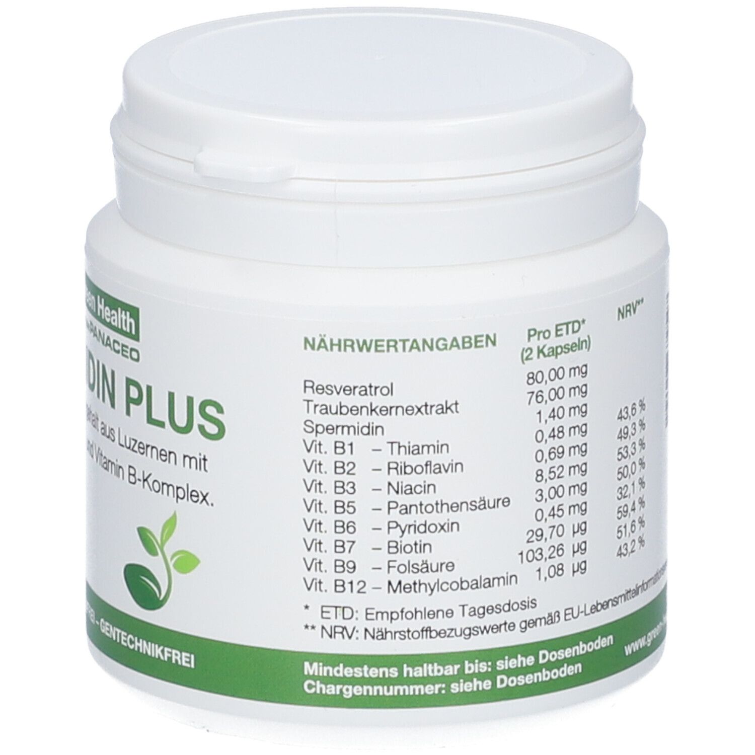 Weiße Dose mit grünem Etikett. Text: SPERMIDIN PLUS, Nährwertangaben, Zutaten. Logo: Green Health Panaceo. Mindesthaltbarkeit.