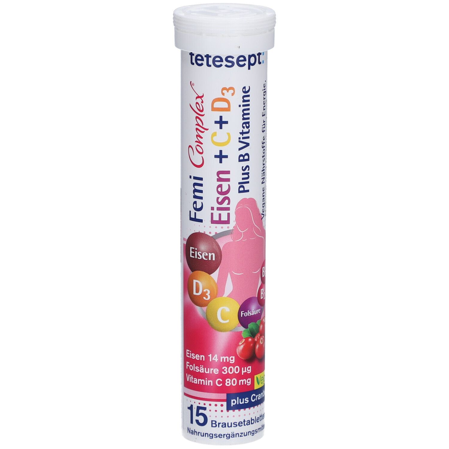 Tube de comprimés effervescents. Inscription : Femi Complex Eisen + C + D3, plus B Vitamine. Contient fer, Vitamine C, D3, B. 15 comprimés.
