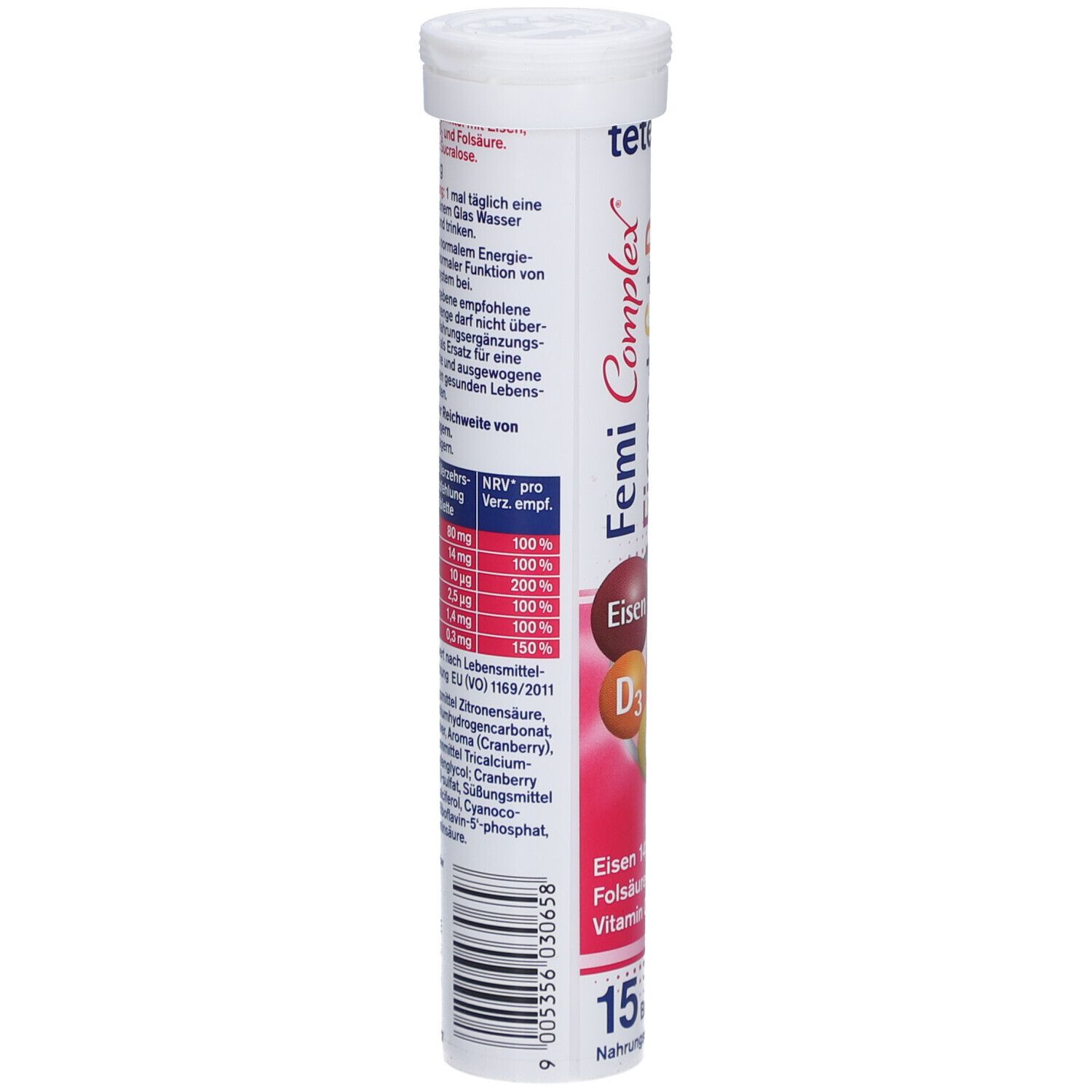 Tube de comprimés effervescents. Inscription : Femi Complex. Contient fer, vitamine D3, acide folique, vitamine C. 15 comprimés. Ingrédients.