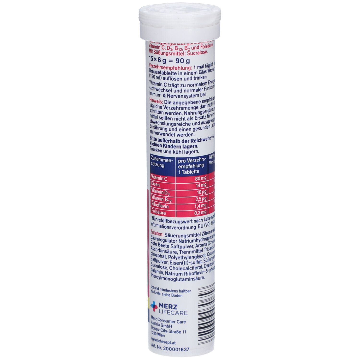 Tube de comprimés effervescents. Inscription : Femi Complex. Contient vitamine C, D, B12, acide folique. Ingrédients et valeurs nutritionnelles. 15 comprimés.