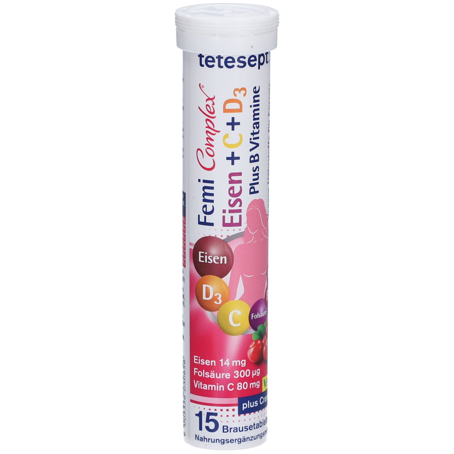 Tube de comprimés effervescents. Inscription : Femi Complex Eisen + C + D3, plus B Vitamine. Contient fer, Vitamine C, D3, B. 15 comprimés.