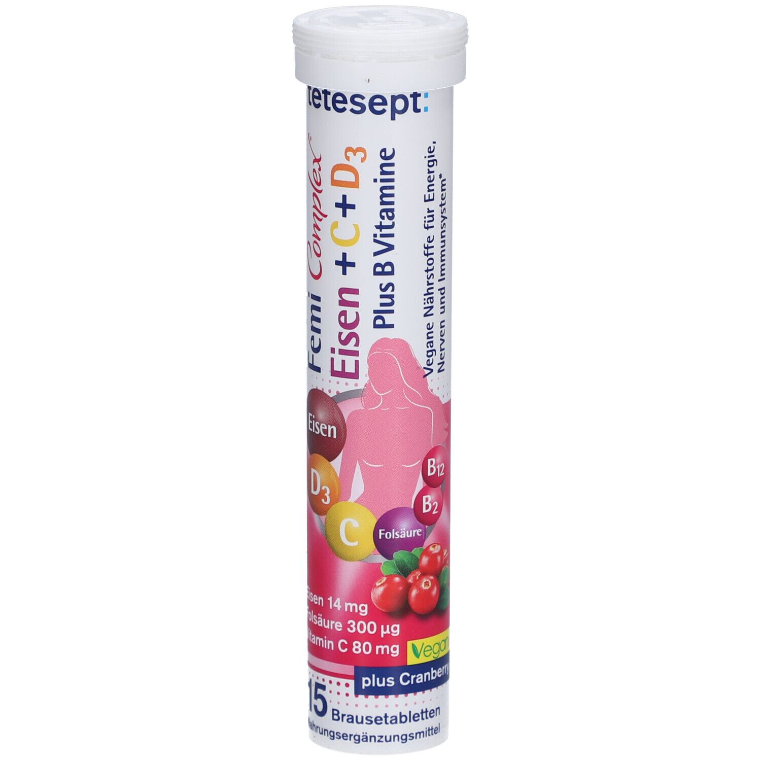 Tube de comprimés effervescents. Inscription : Femi Complex Eisen + C + D3, plus B Vitamine. Vegan. Contient fer, Vitamine C, D3, B. 15 comprimés.