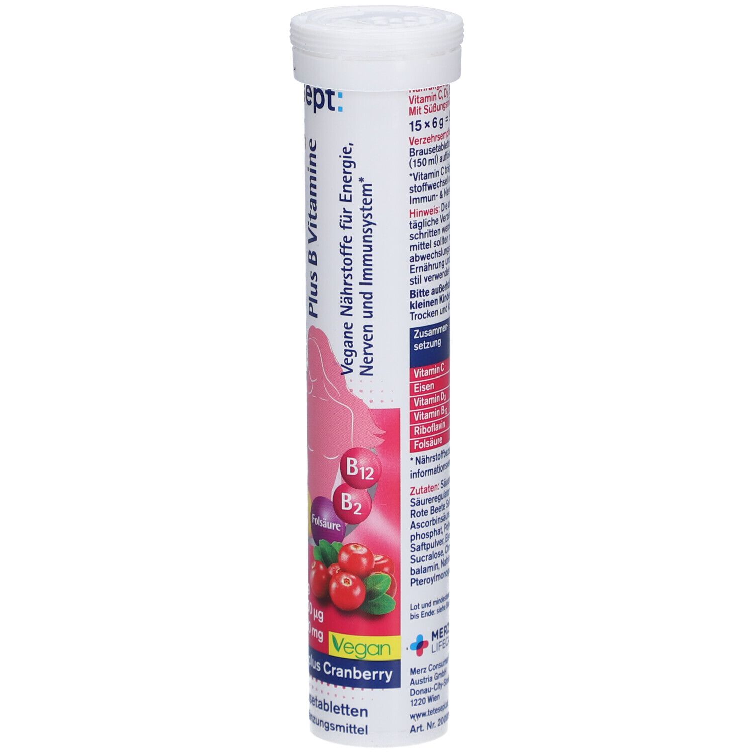 Tube de comprimés effervescents. Inscription : Plus B Vitamine. Vegan. Contient vitamine C, D, B12, acide folique. 15 comprimés. Ingrédients.