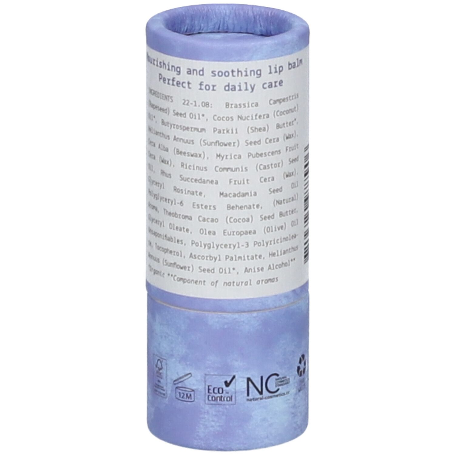 Zylindrische Lippenbalsam-Verpackung, lila-weiß. Aufschrift: We Love Lipbalm Velvet Daily. Inhaltsstoffe und Zertifizierungen.