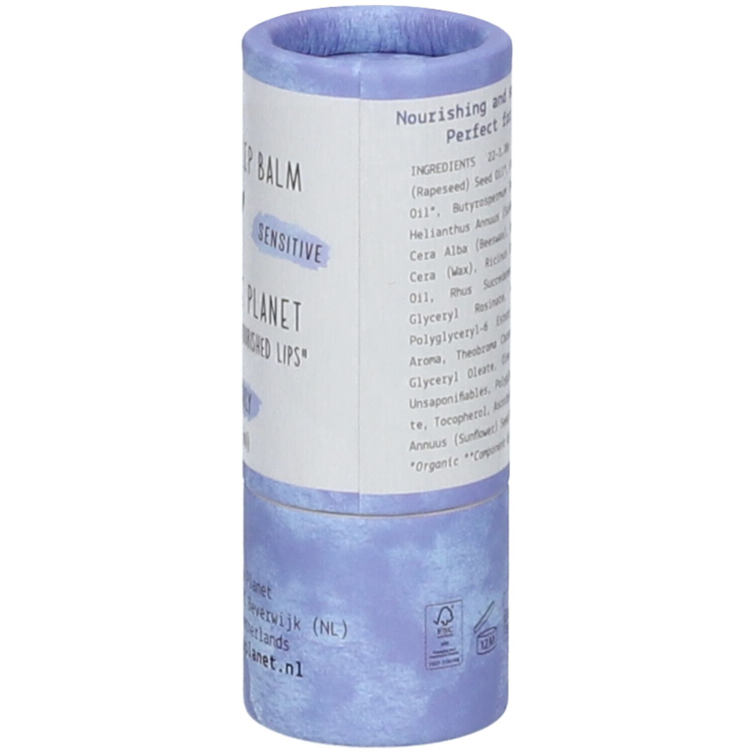 Zylindrische Lippenbalsam-Verpackung, lila-weiß. Aufschrift: We Love Lipbalm Velvet Daily. Inhaltsstoffe und Zertifizierungen.