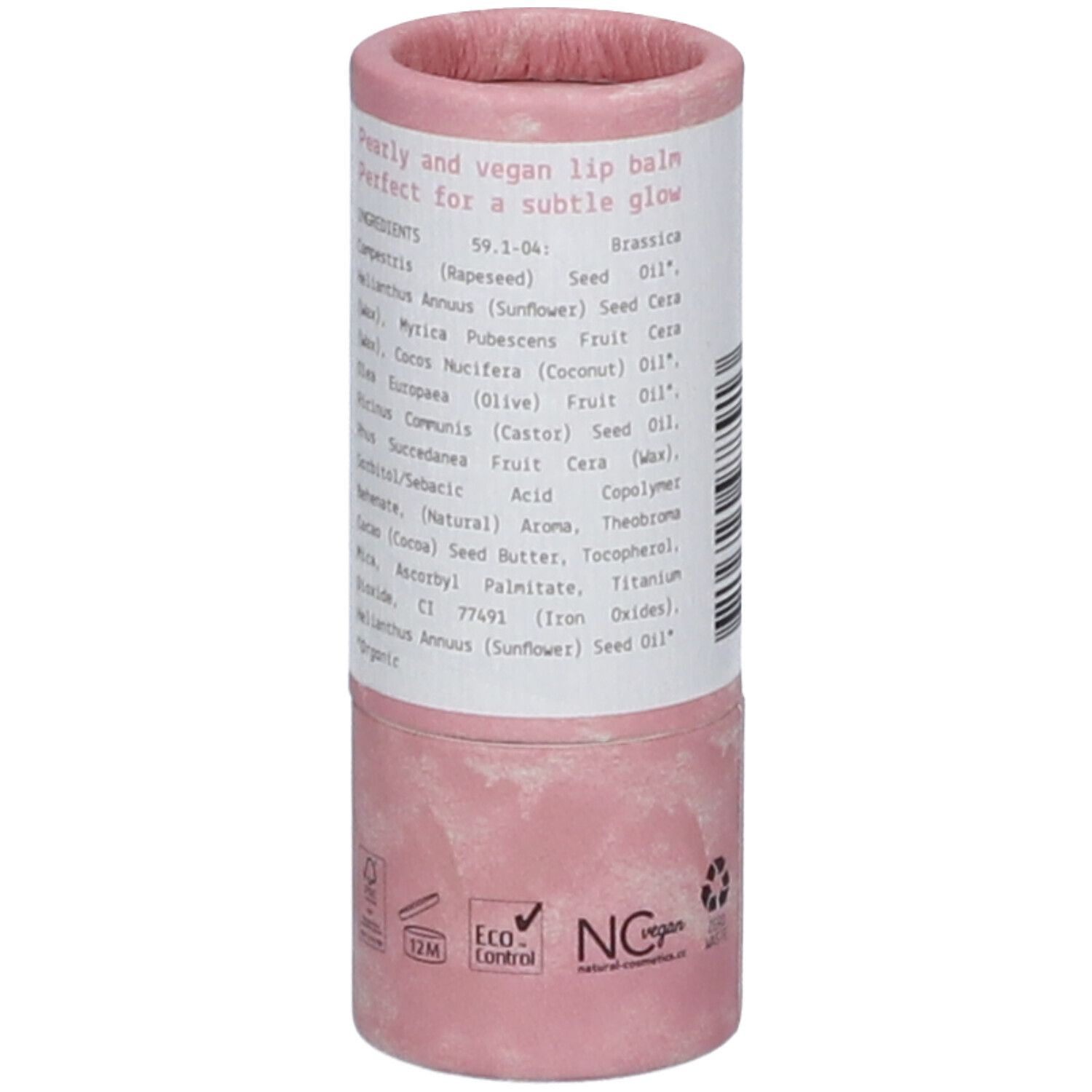 Emballage de baume à lèvres cylindrique, rose et blanc. Inscription : We Love, Lip Balm, Velvet Shine, Vegan. Avec ingrédients.