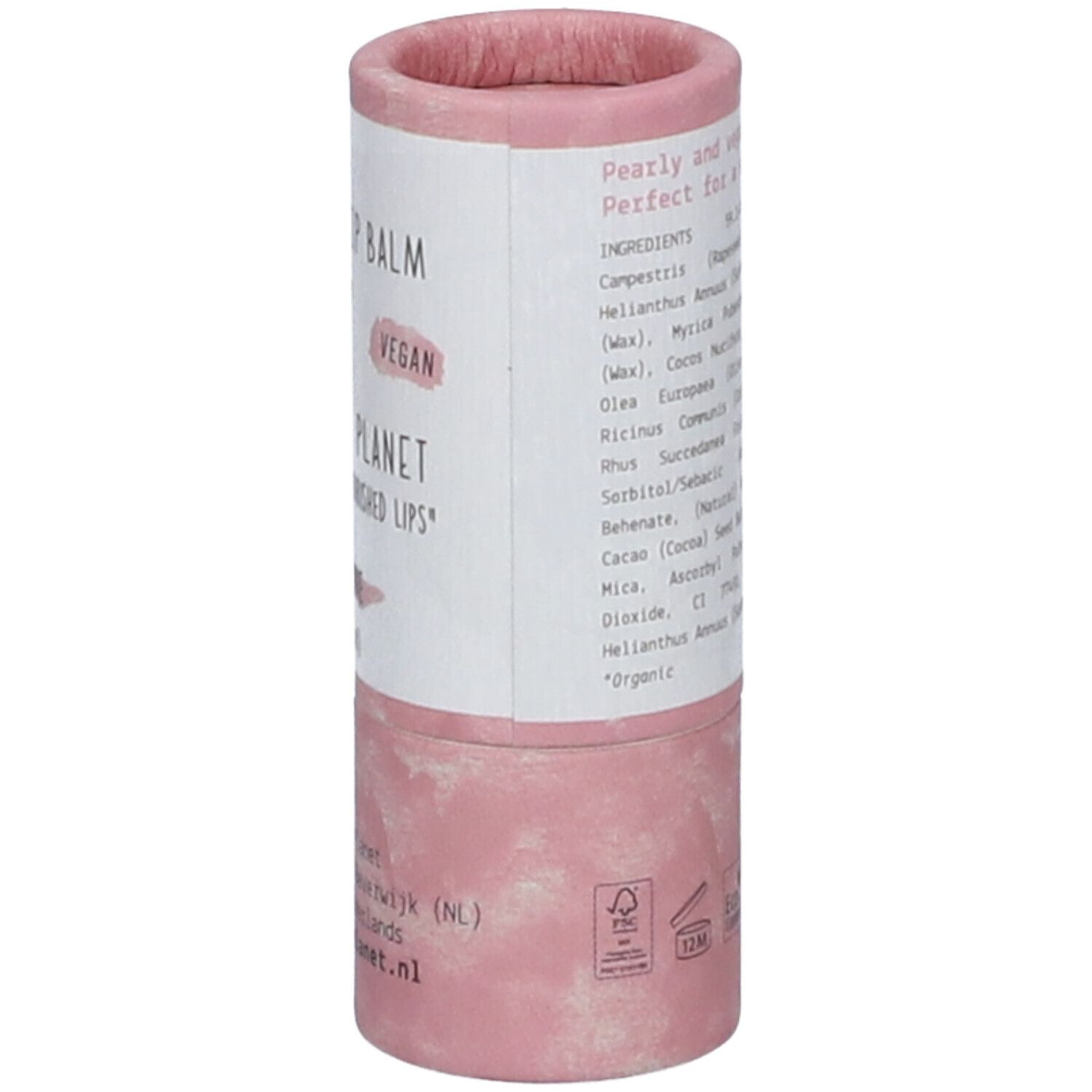Emballage de baume à lèvres cylindrique, rose et blanc. Inscription : We Love, Lip Balm, Velvet Shine, Vegan. Avec ingrédients.