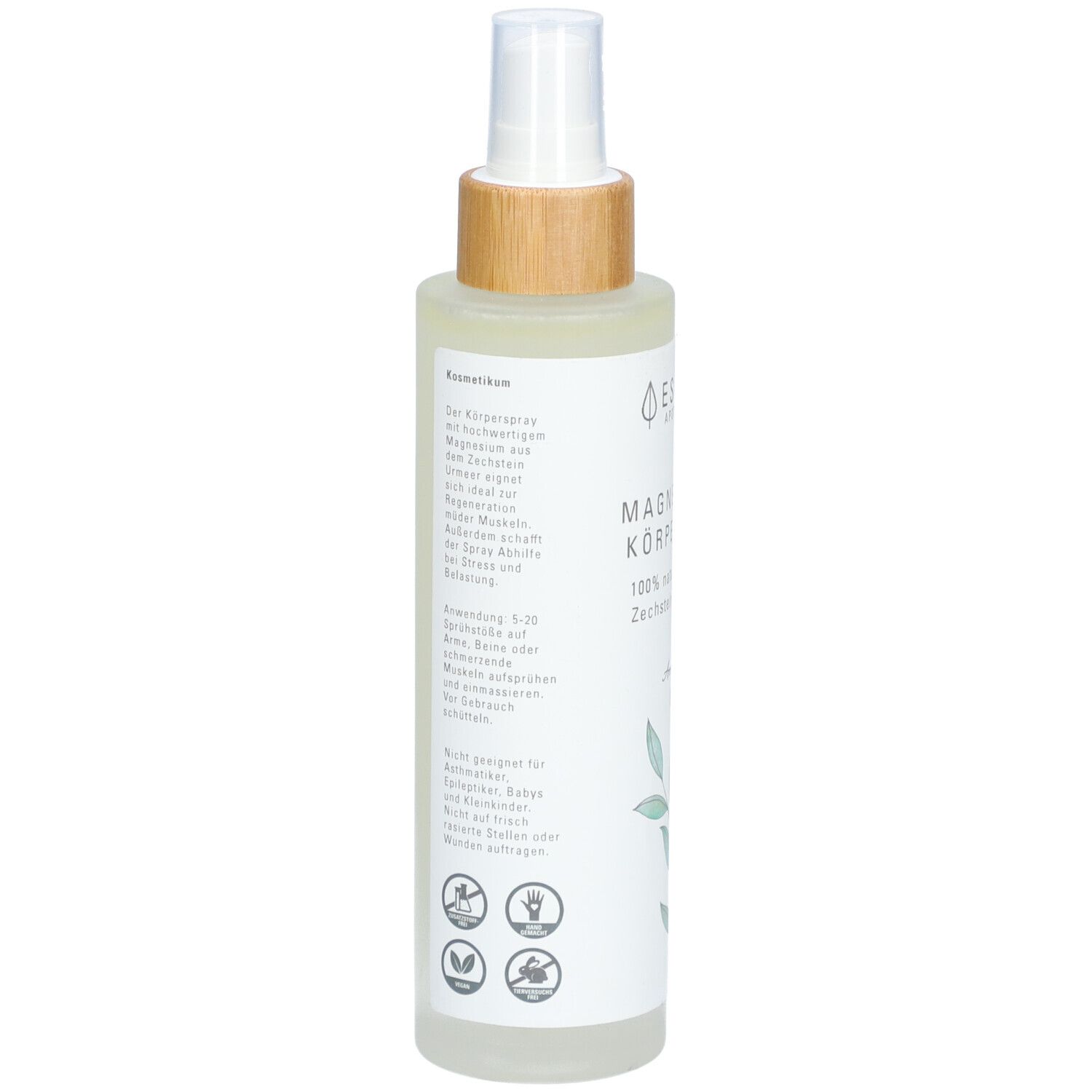 Körperspray, Rückansicht. Weißes Etikett mit Text und Piktogrammen. Holzverschluss und Sprühkopf. Produktname nicht sichtbar.