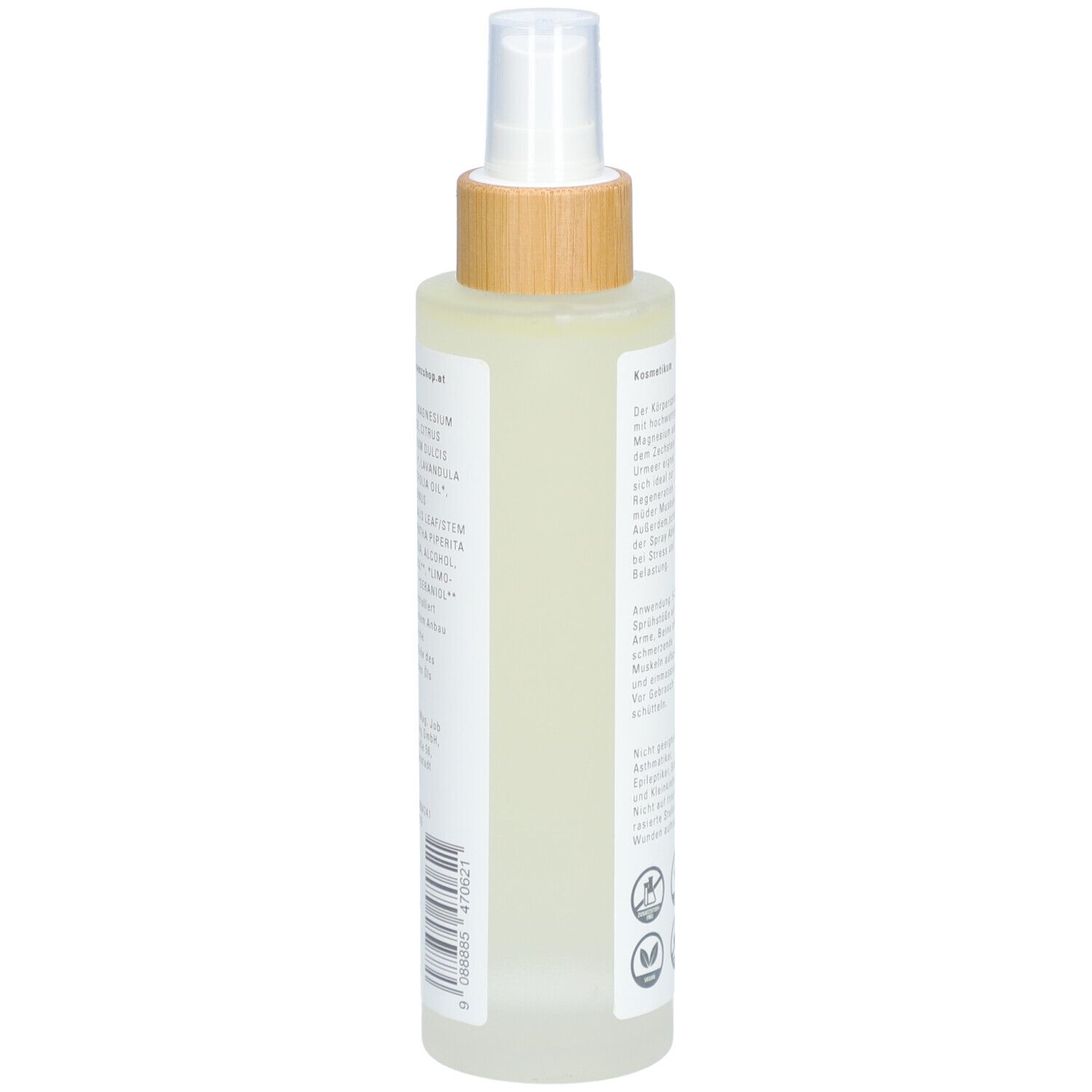 Körperspray, Seitenansicht. Weißes Etikett mit Text und Barcode. Holzverschluss und Sprühkopf. Produktname nicht sichtbar.