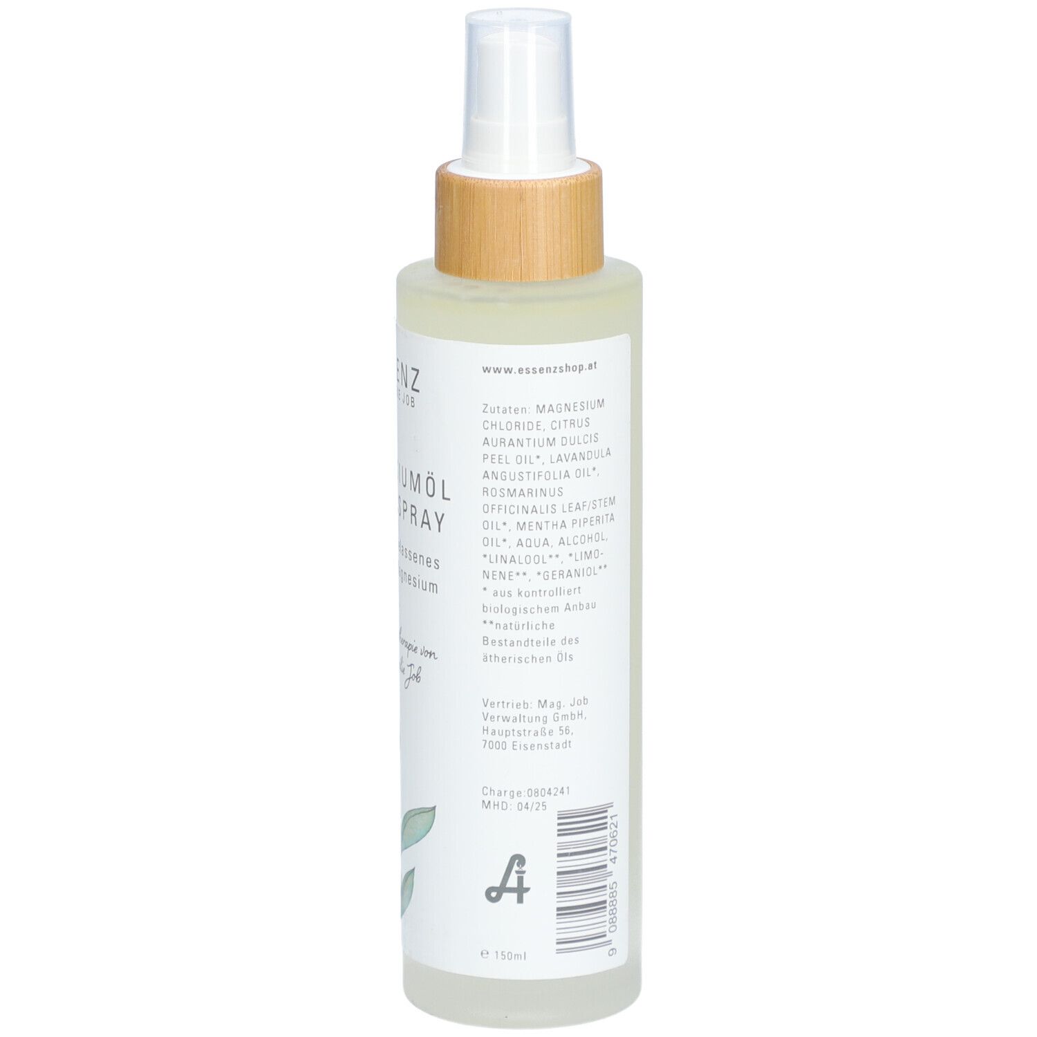 Körperspray, Rückansicht. Weißes Etikett mit Inhaltsstoffen und Text. Holzverschluss und Sprühkopf. Produktname nicht sichtbar.